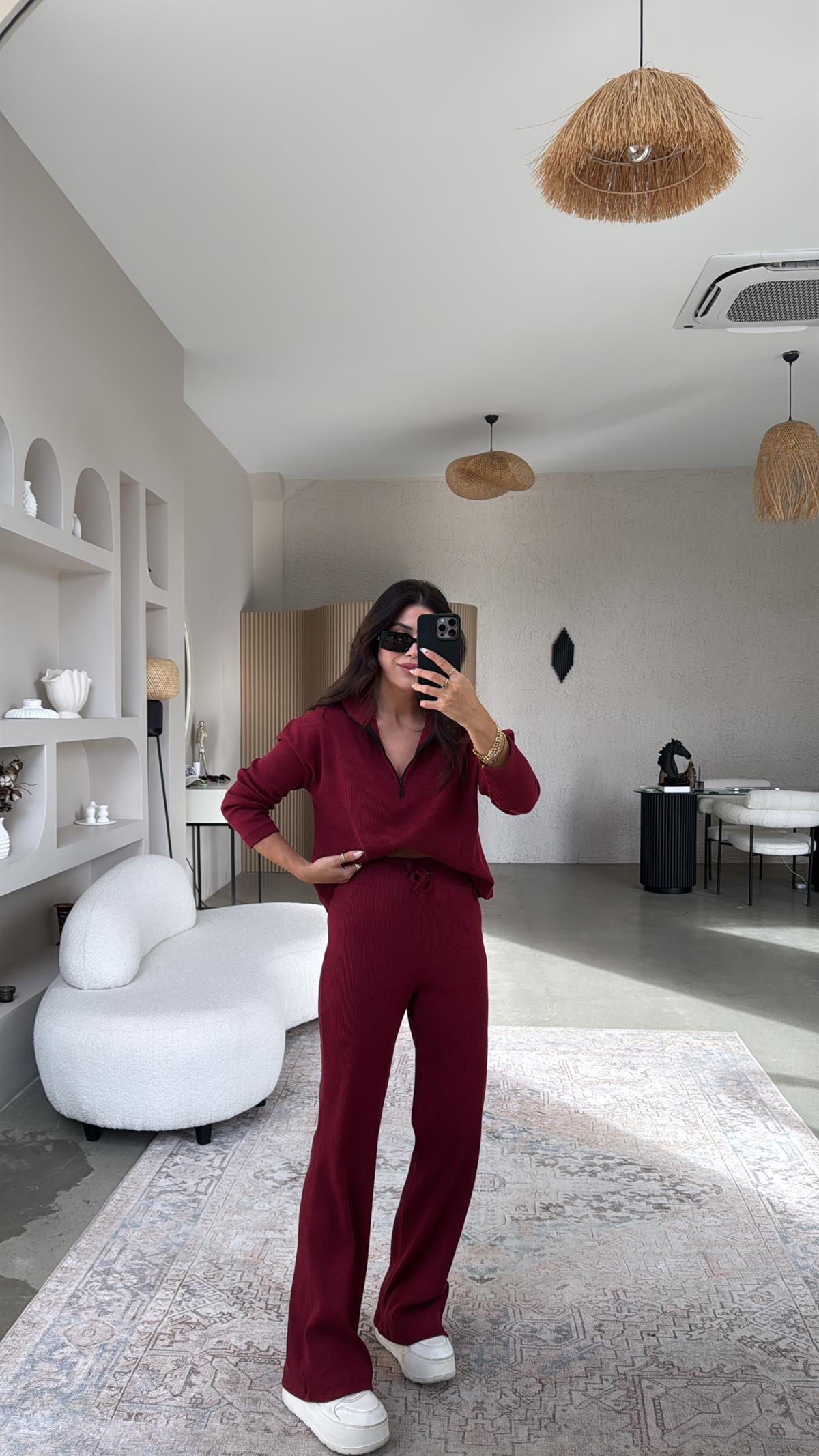 Bordo Yarım Fermuarlı Fitilli Basic Takım