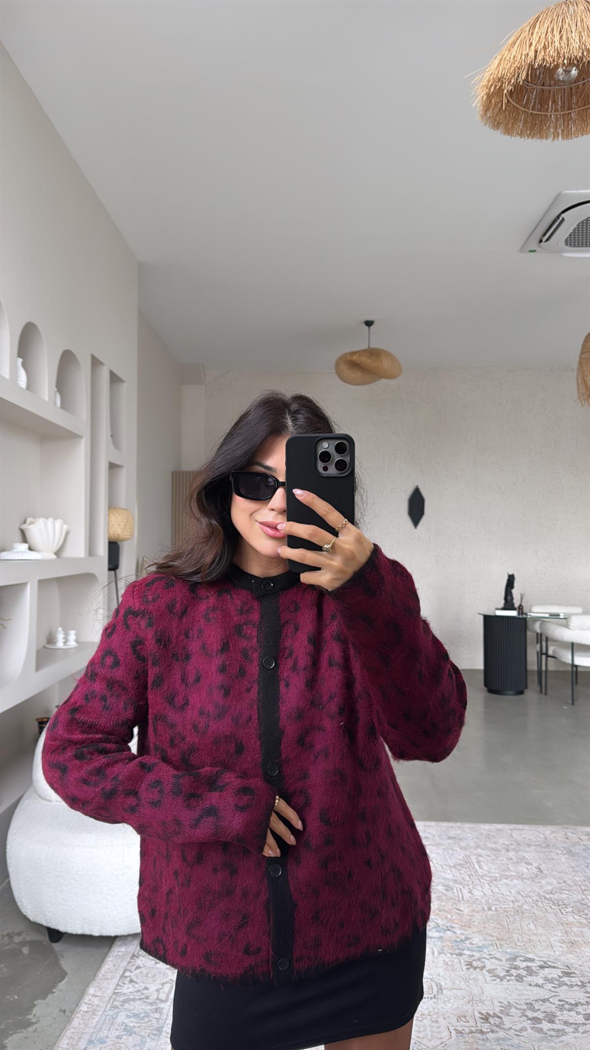 Bordo Yumoş Leopar Hırka