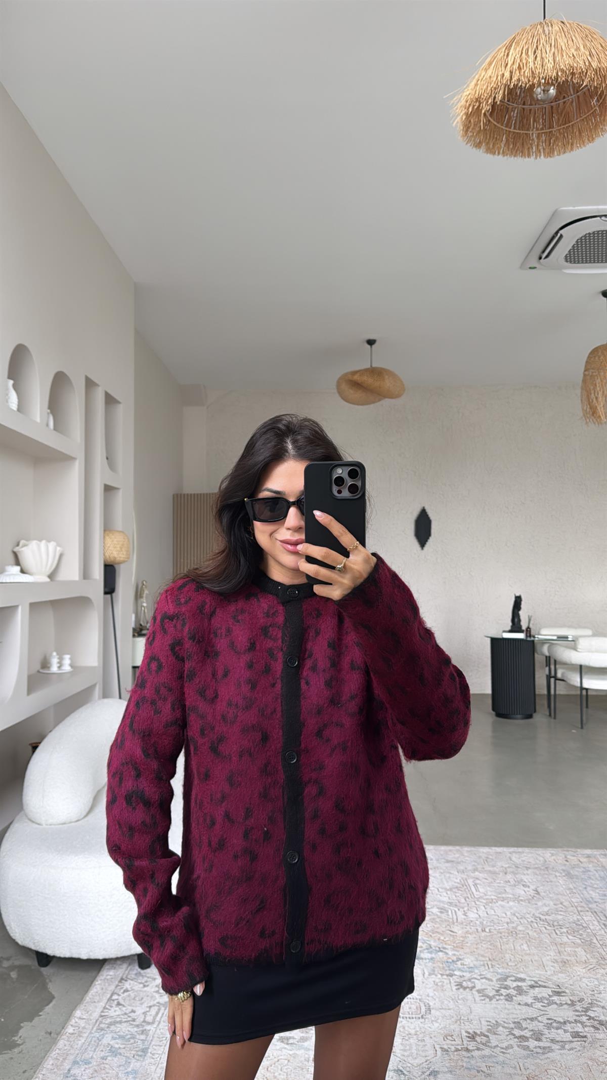 Bordo Yumoş Leopar Hırka
