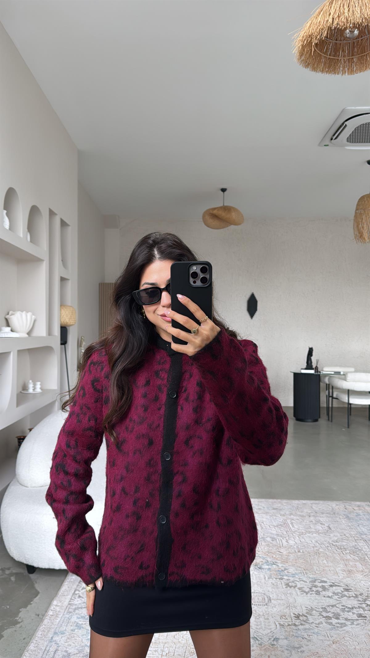 Bordo Yumoş Leopar Hırka