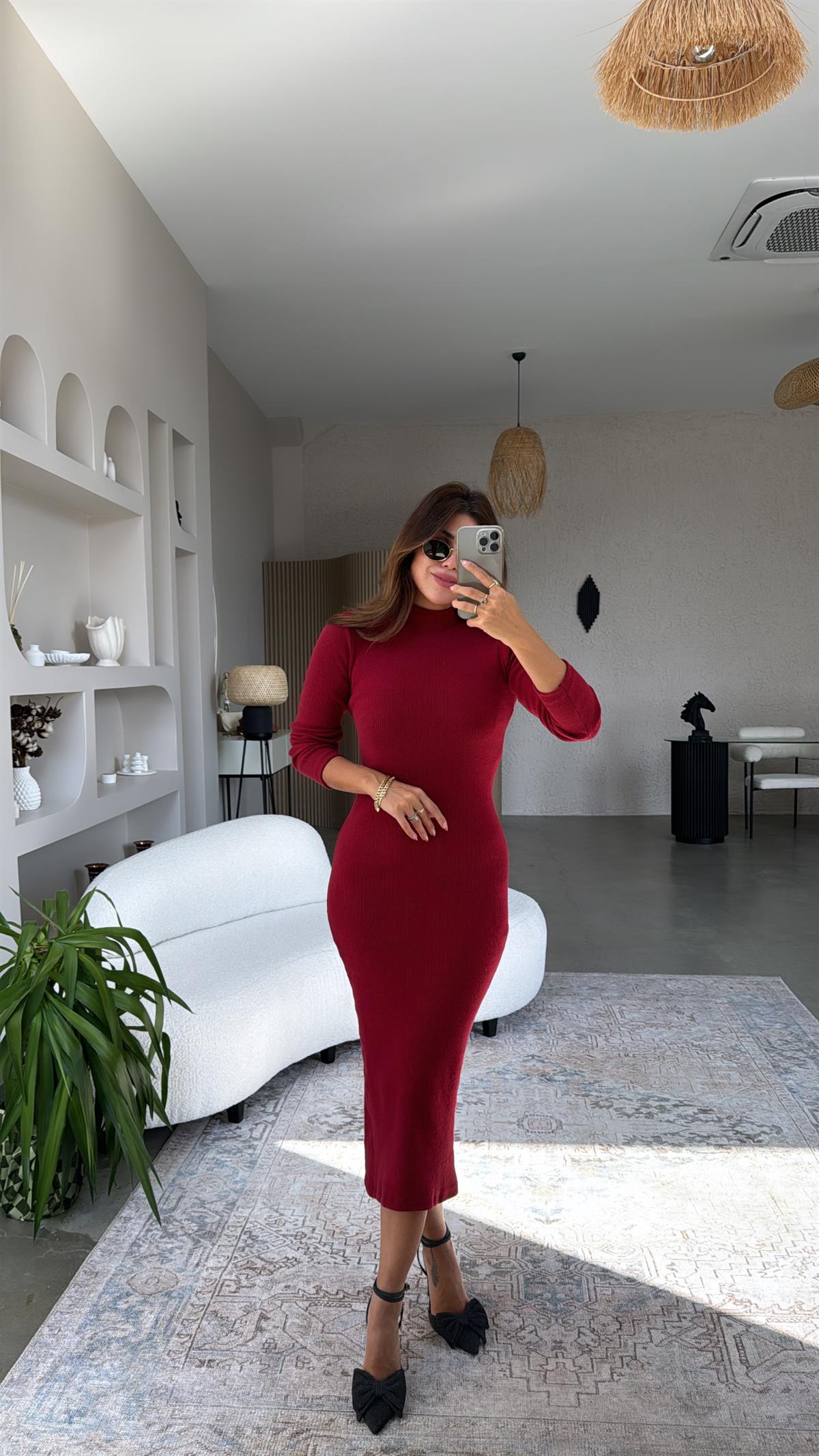 Bordo Yün Karışımlı Triko Kalem Elbise