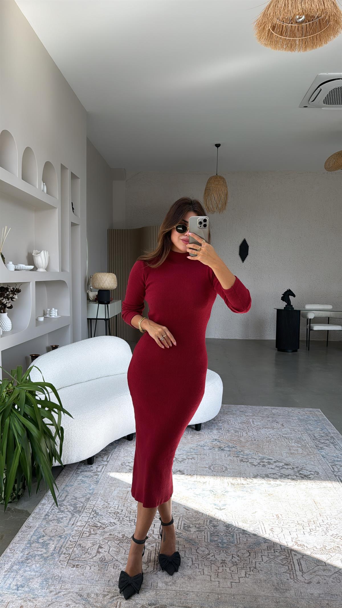 Bordo Yün Karışımlı Triko Kalem Elbise