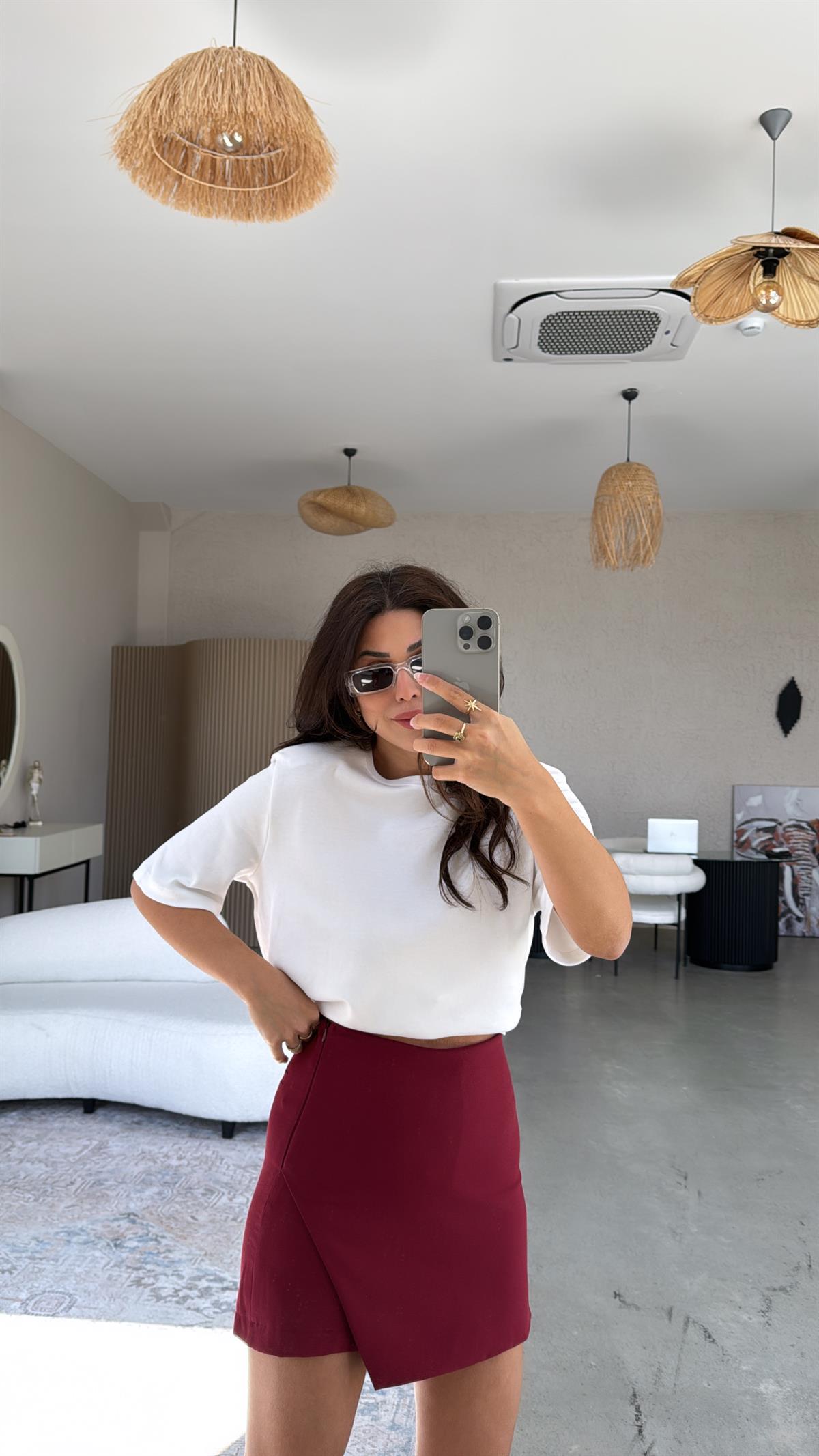 Bordo Zarf Kesimli Şort Etek