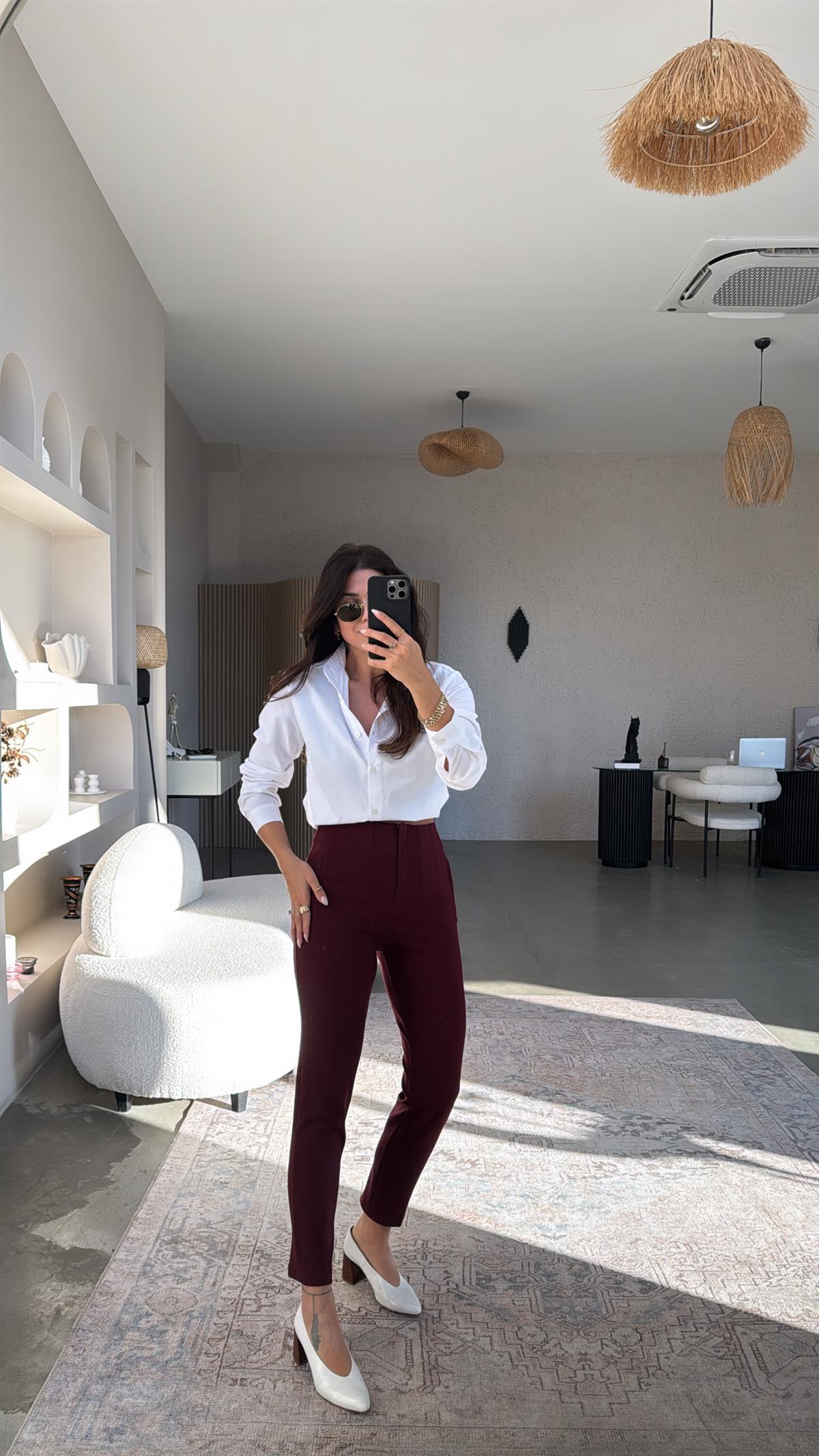 Bordo Zr Model Bel Detaylı Kumaş Pantolon