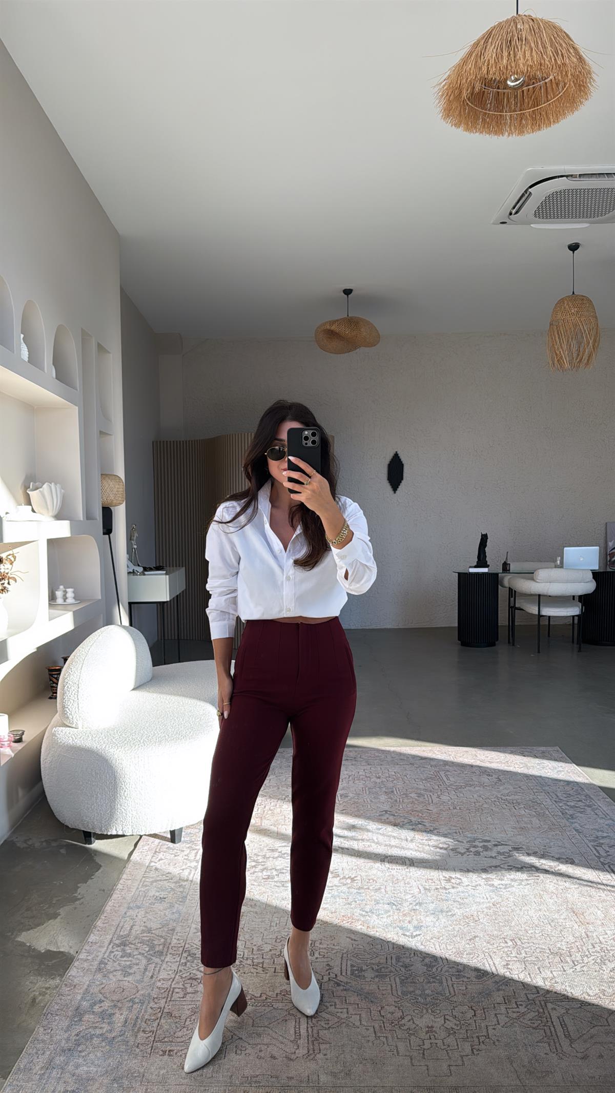 Bordo Zr Model Bel Detaylı Kumaş Pantolon