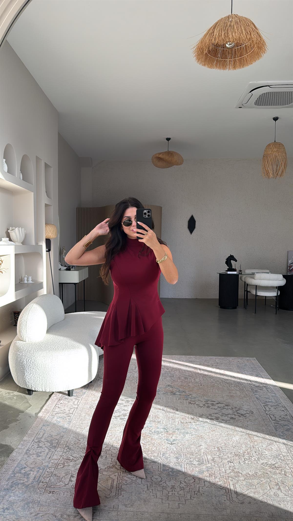 Bordo ZR Model Likralı Krep Kumaş Volanlı İspanyol Takım
