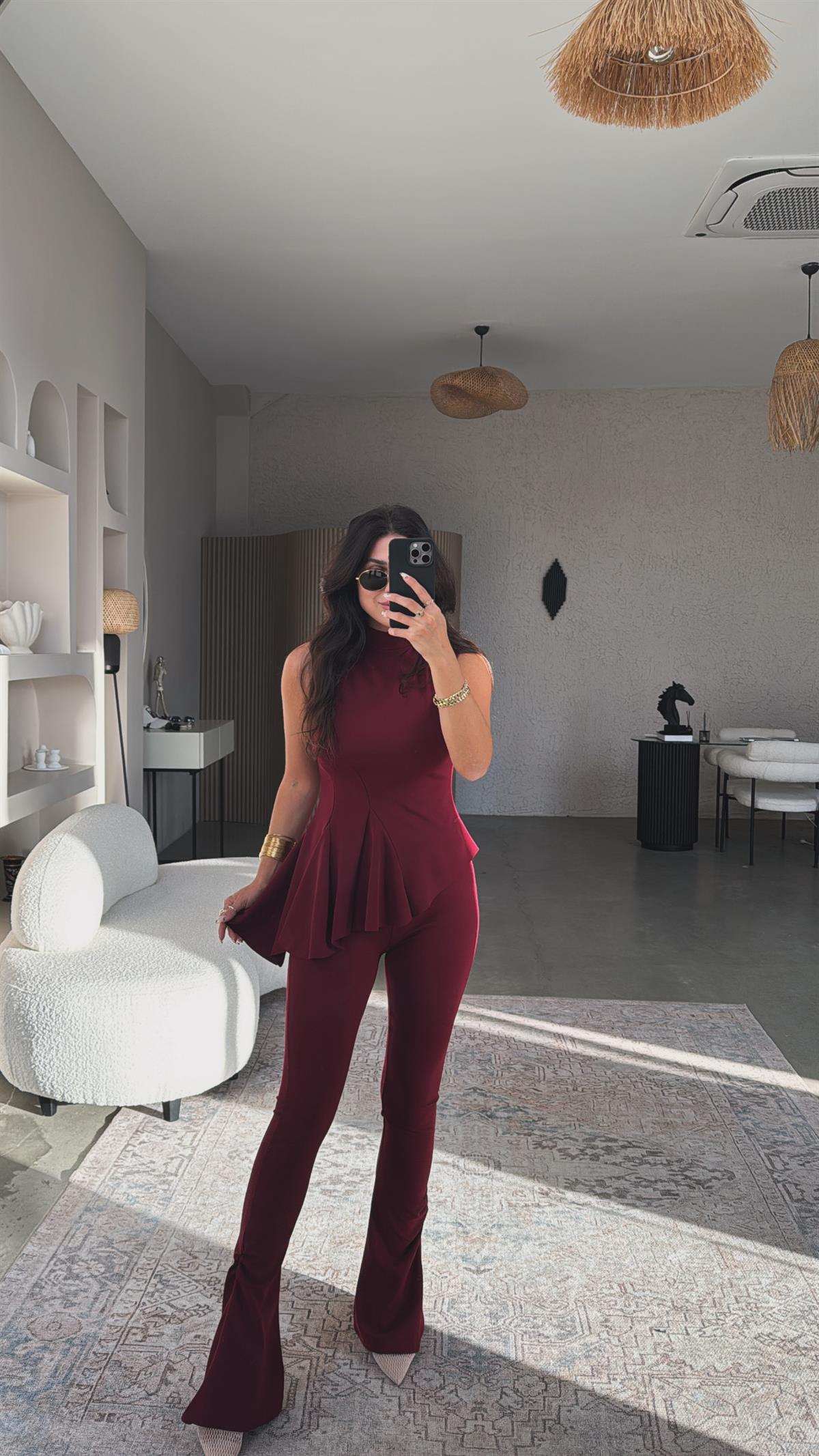 Bordo ZR Model Likralı Krep Kumaş Volanlı İspanyol Takım