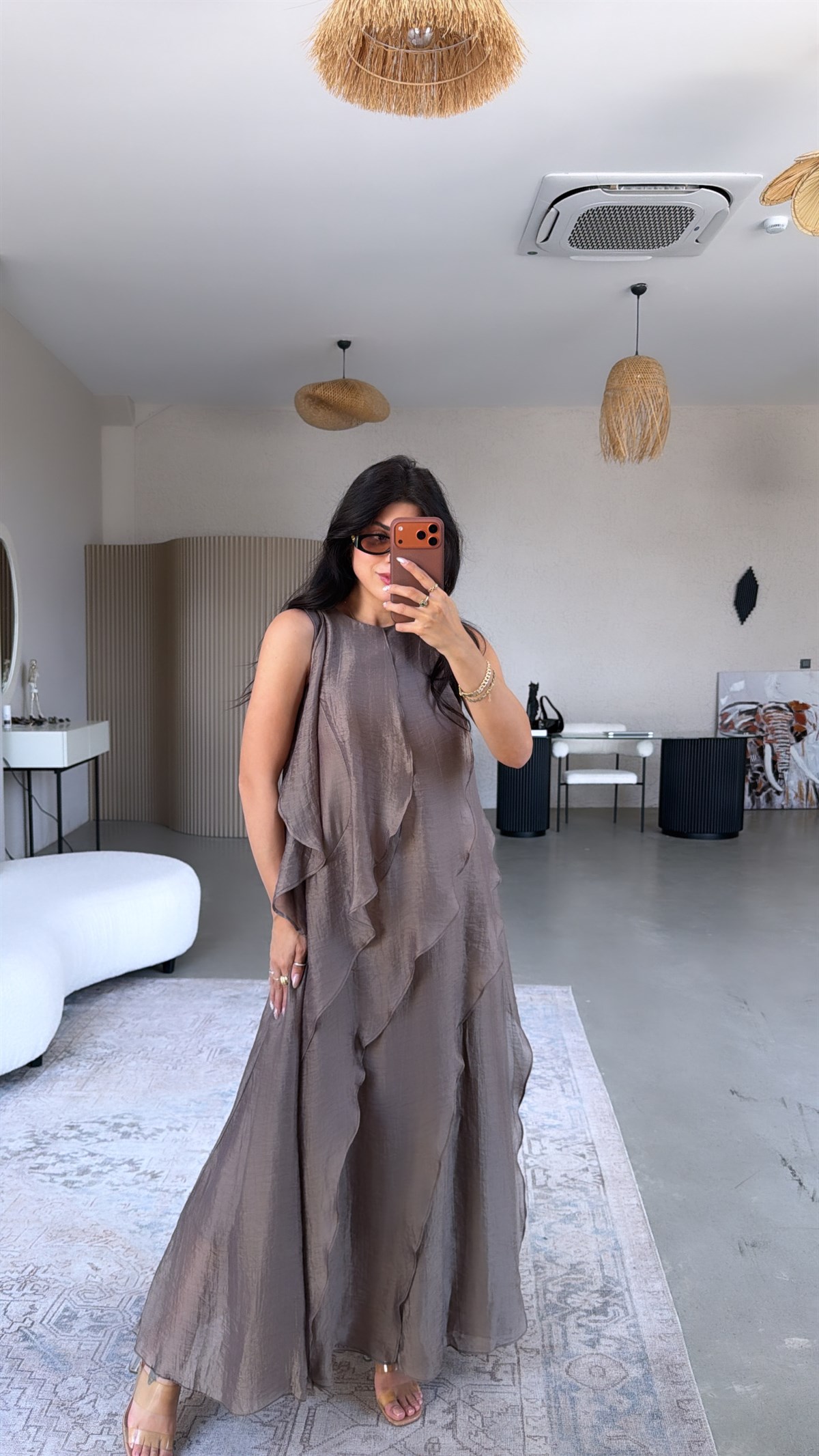 Bronz Volan Detaylı Astarlı Maxi Elbise
