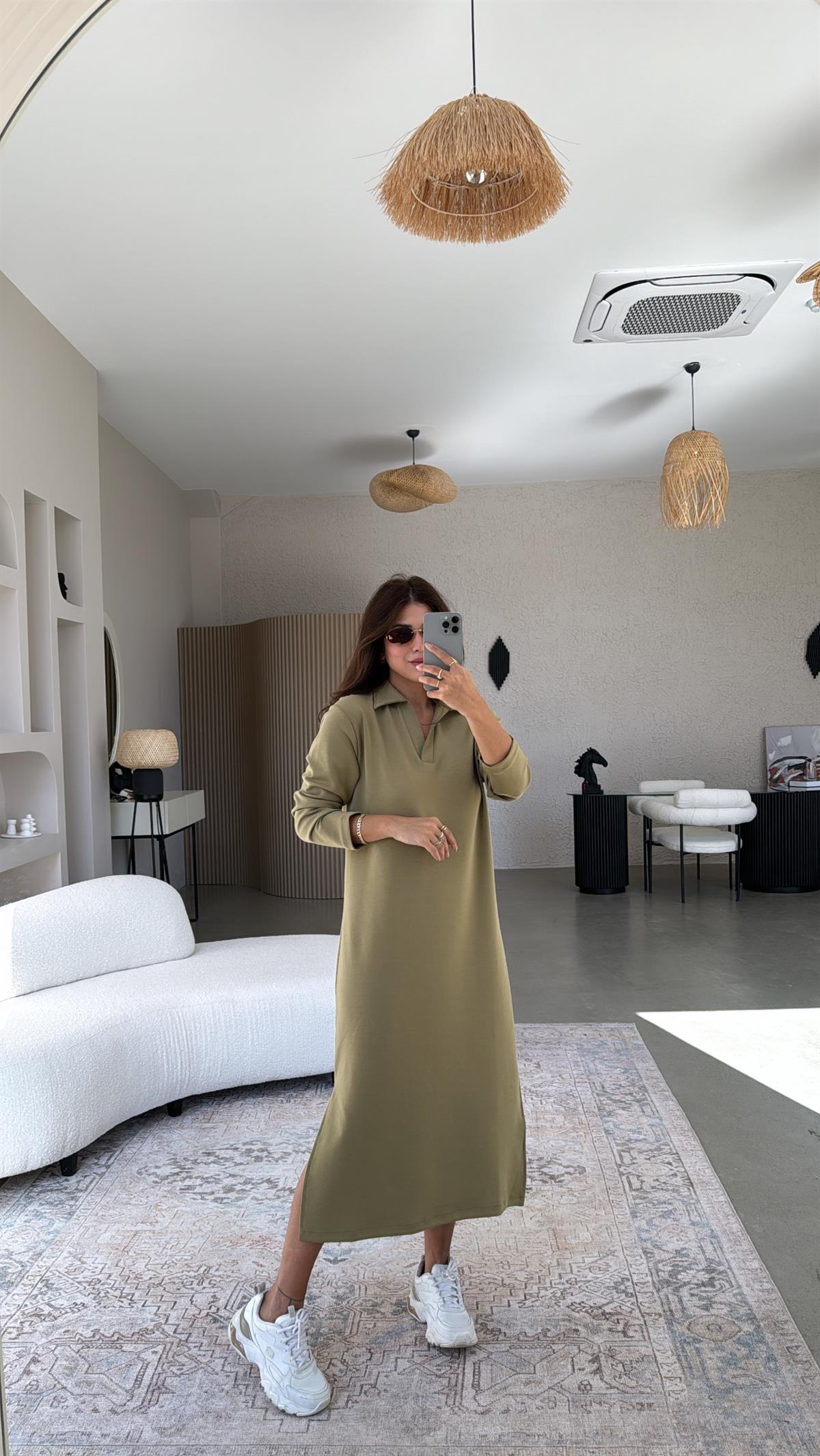Çağla Yeşili Yakalı Modal Elbise