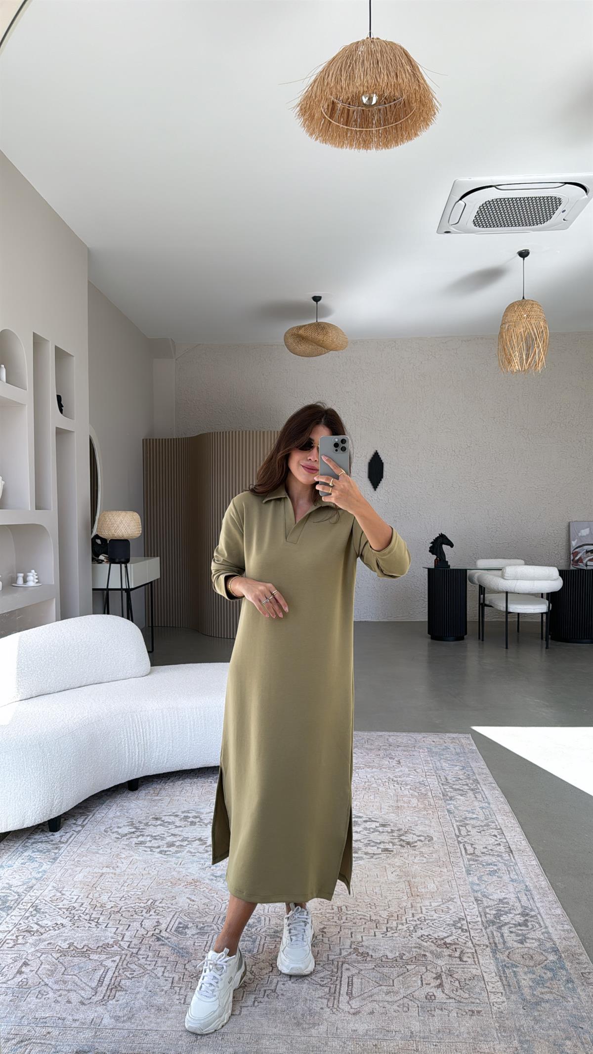 Çağla Yeşili Yakalı Modal Elbise