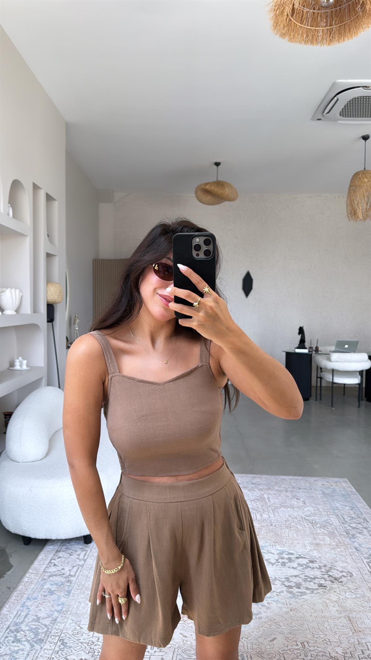 Camel Arkası Düğme Detaylı Keten Büstiyer