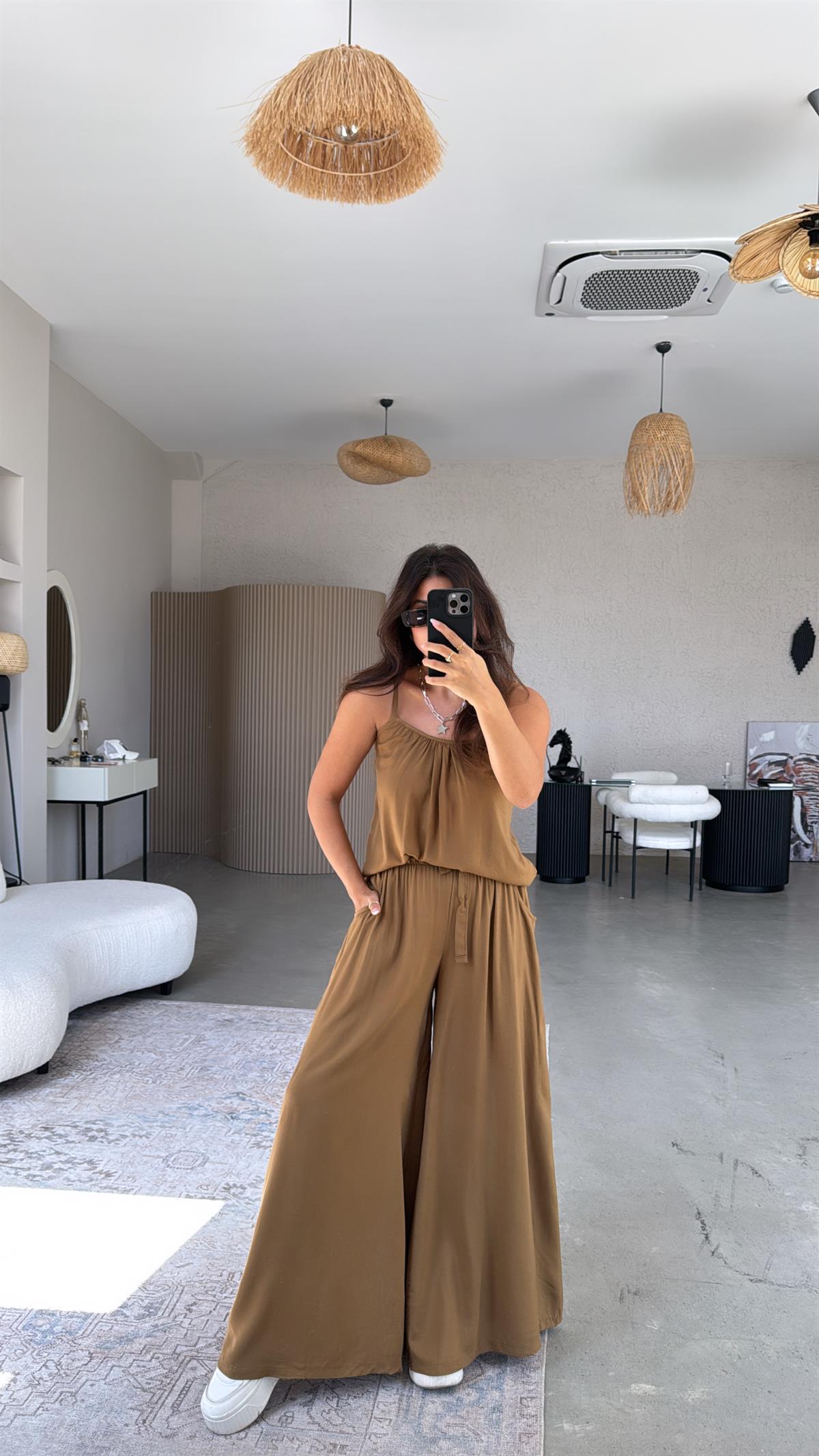 Camel Askılı Bluz Salaş Pantolon Takım