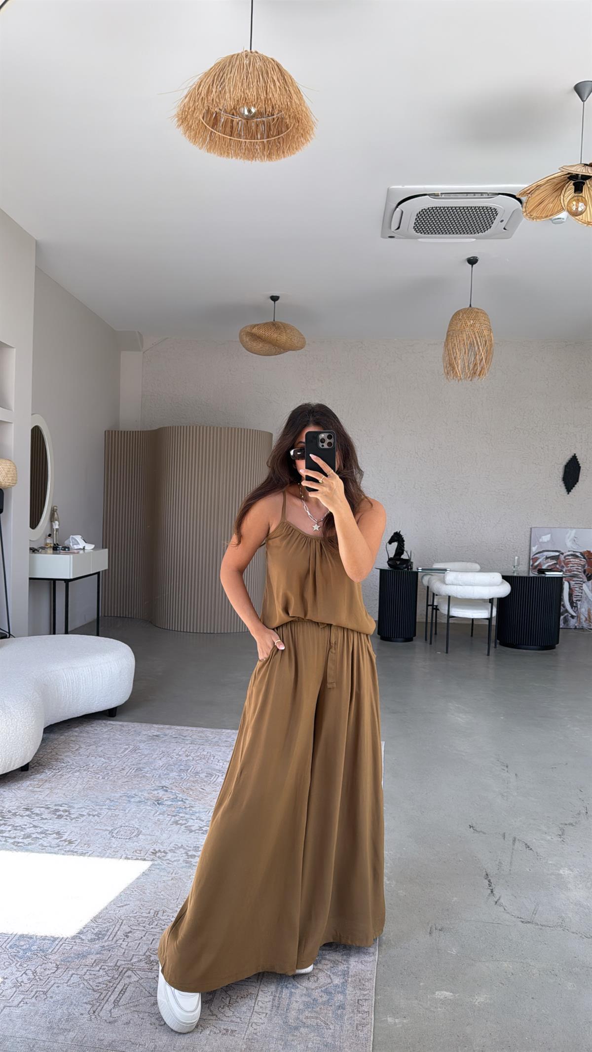 Camel Askılı Bluz Salaş Pantolon Takım