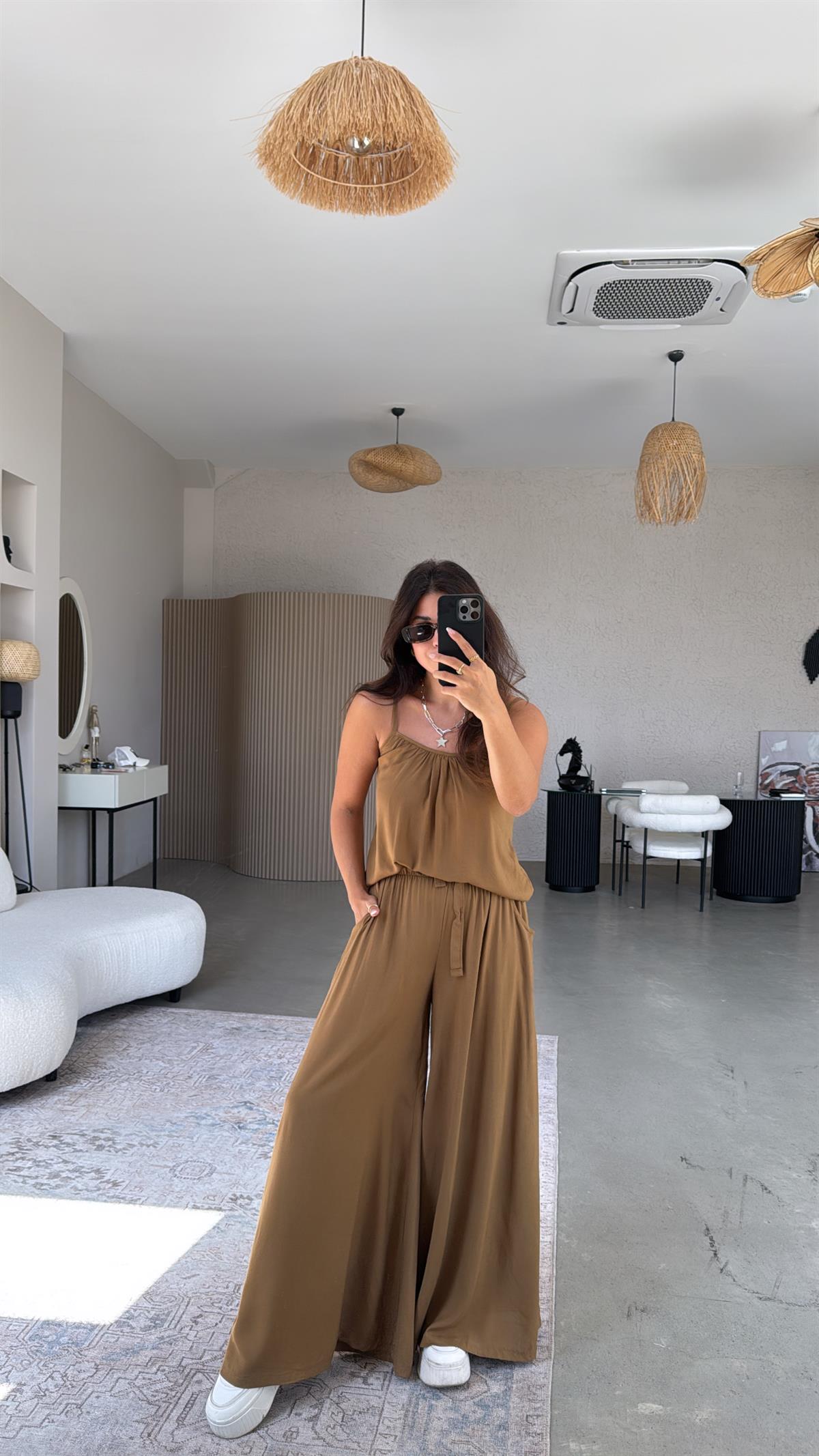 Camel Askılı Bluz Salaş Pantolon Takım