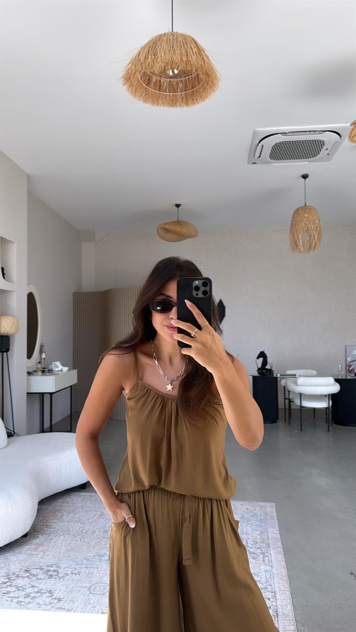 Camel Askılı Bluz Salaş Pantolon Takım