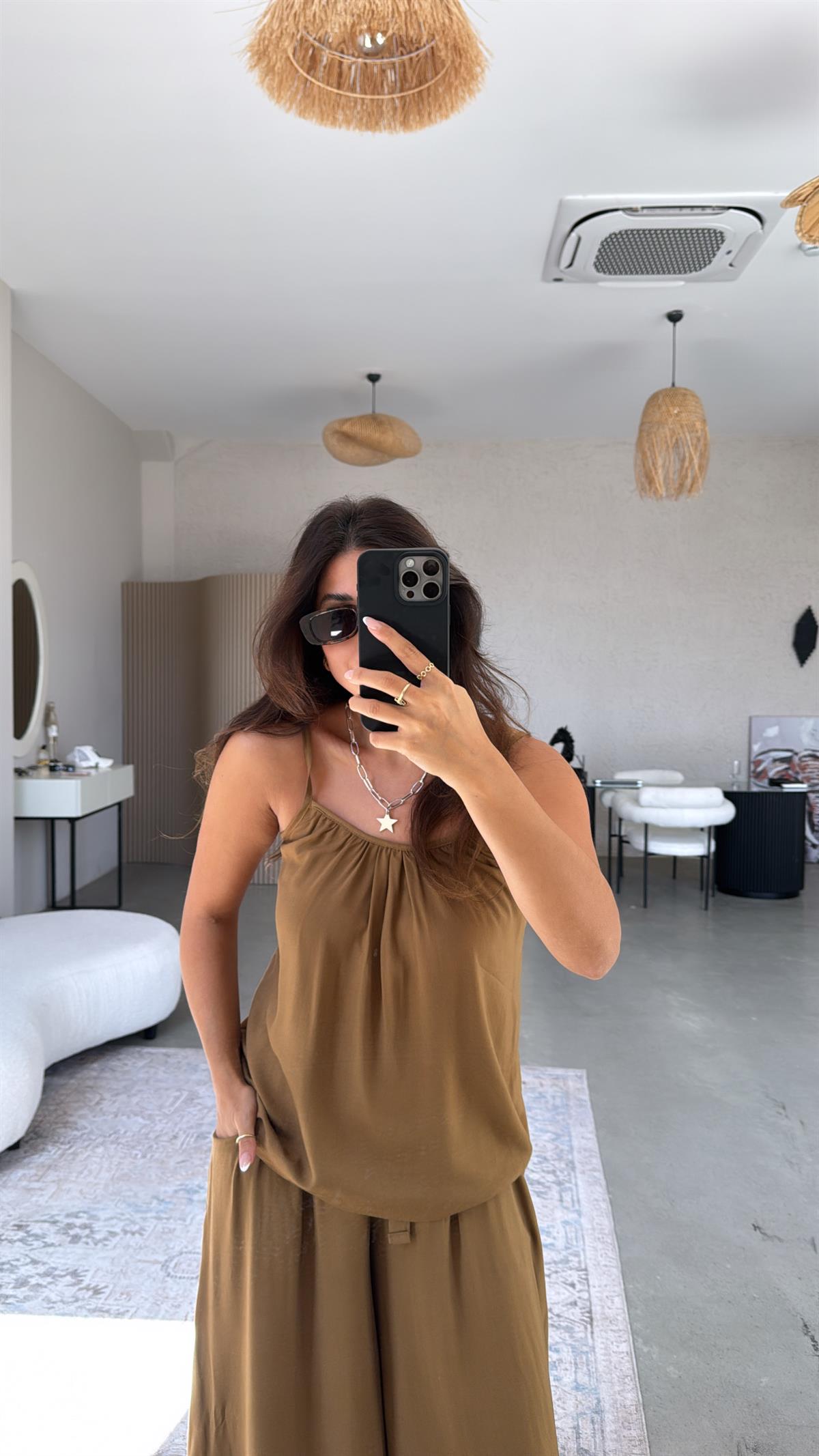 Camel Askılı Bluz Salaş Pantolon Takım