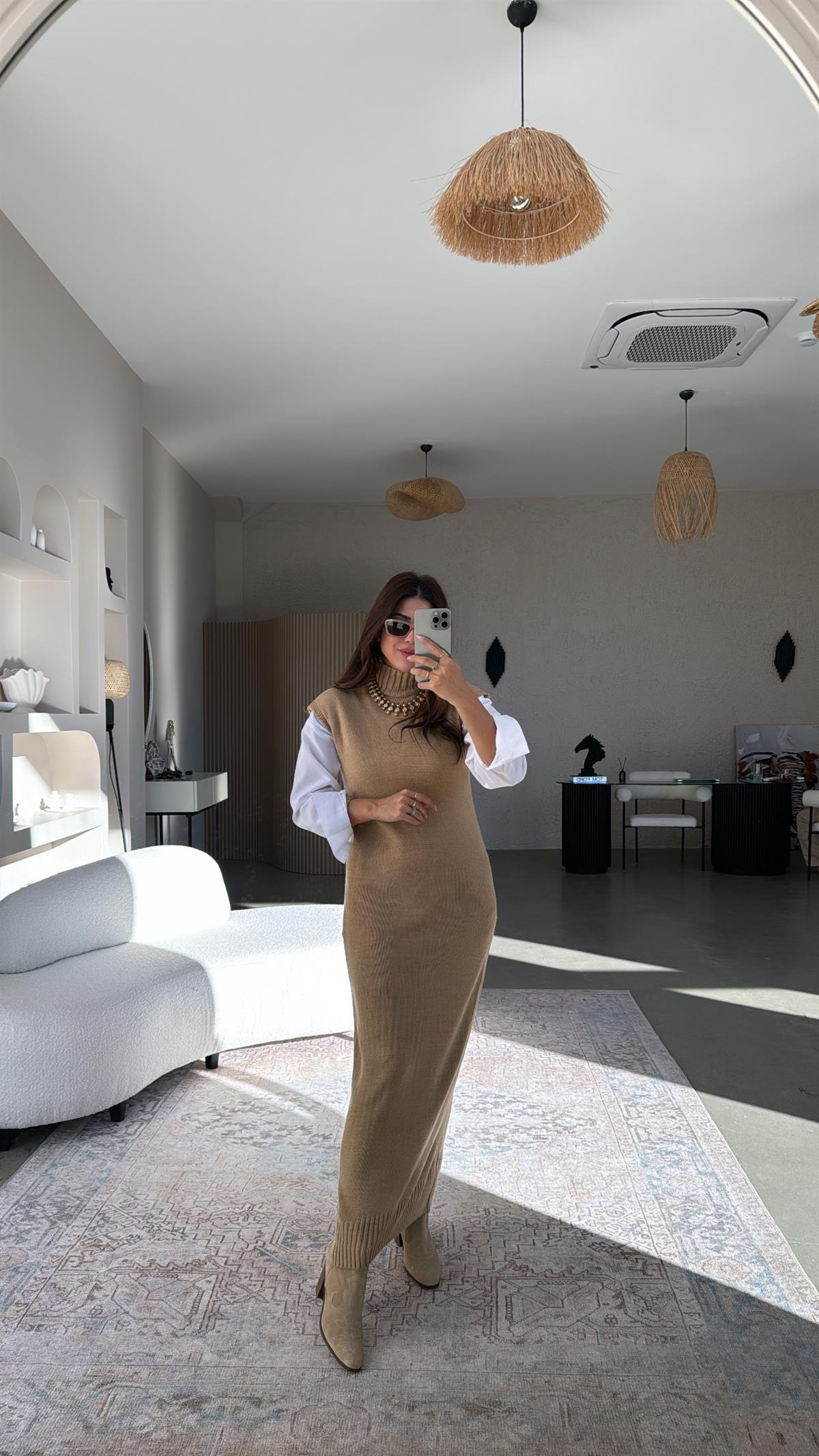 Camel Boğazlı Triko Maxi Elbise