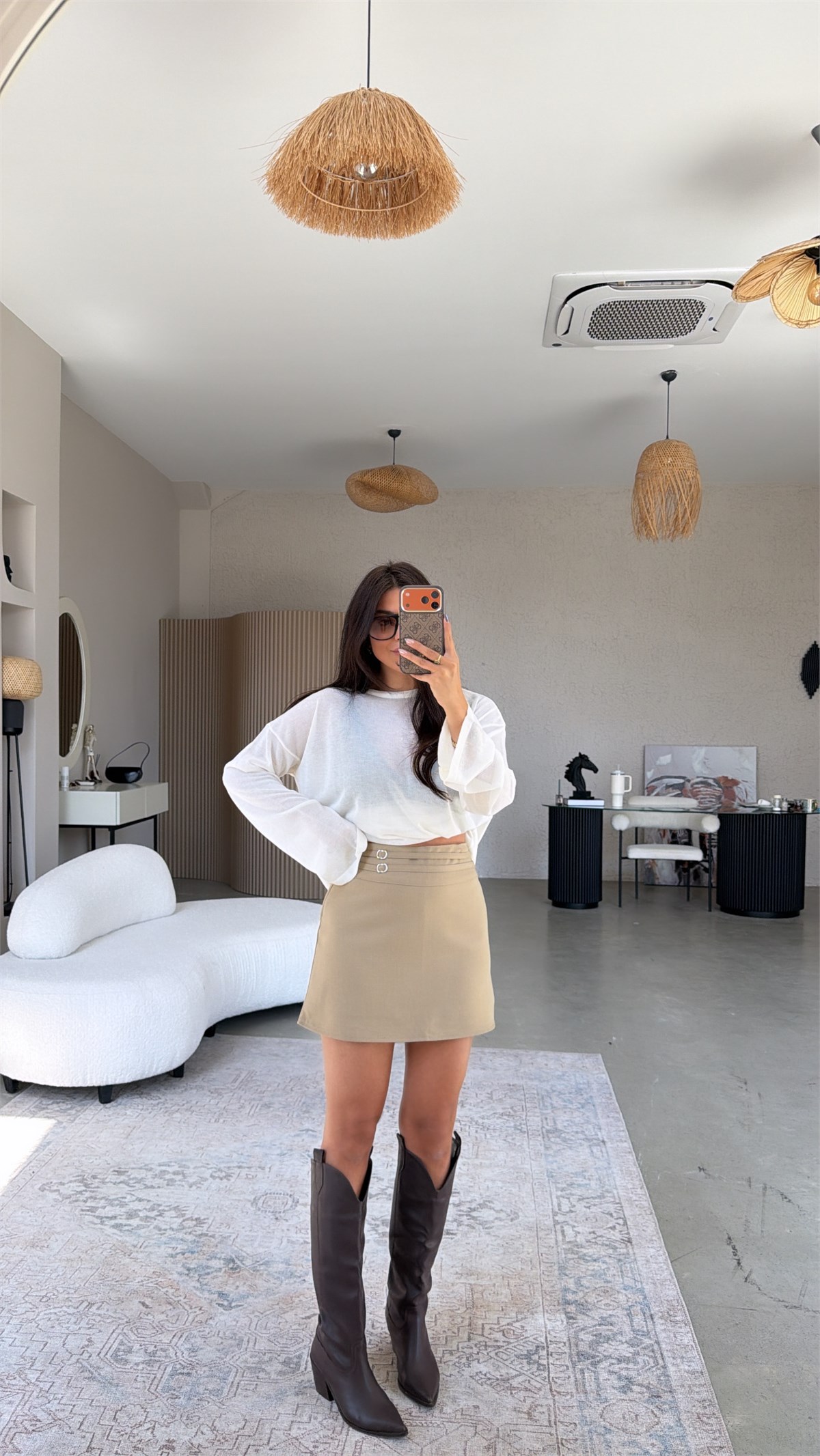 Camel Çift Kemer Detaylı Kumaş Şort Etek