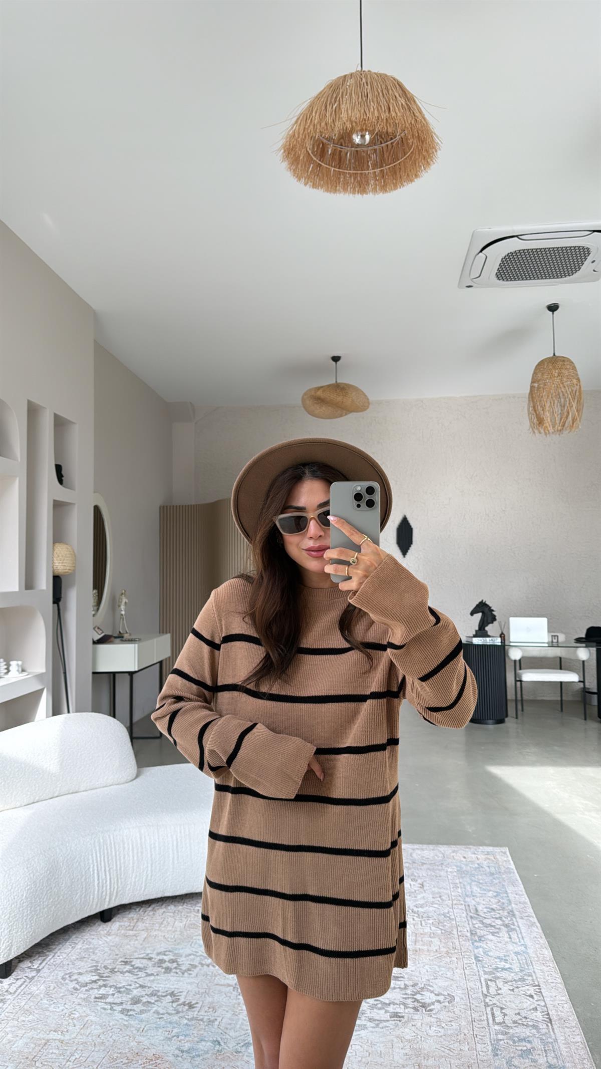 Camel Çizgili Triko Tunik