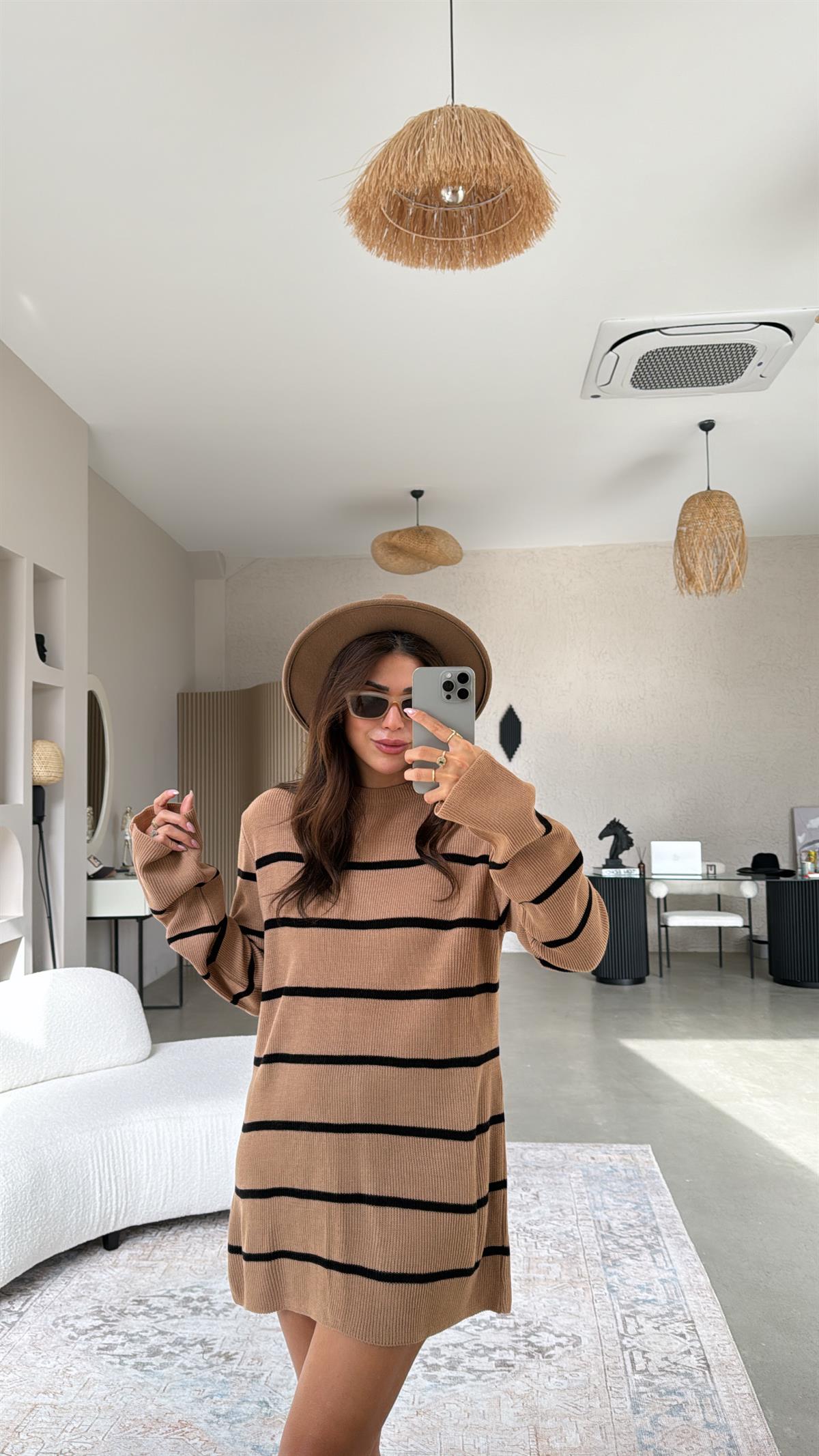 Camel Çizgili Triko Tunik