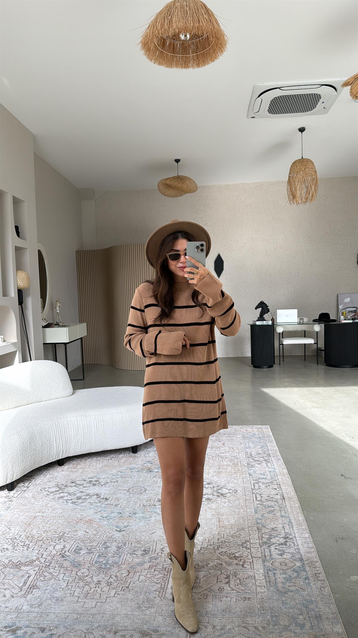 Camel Çizgili Triko Tunik