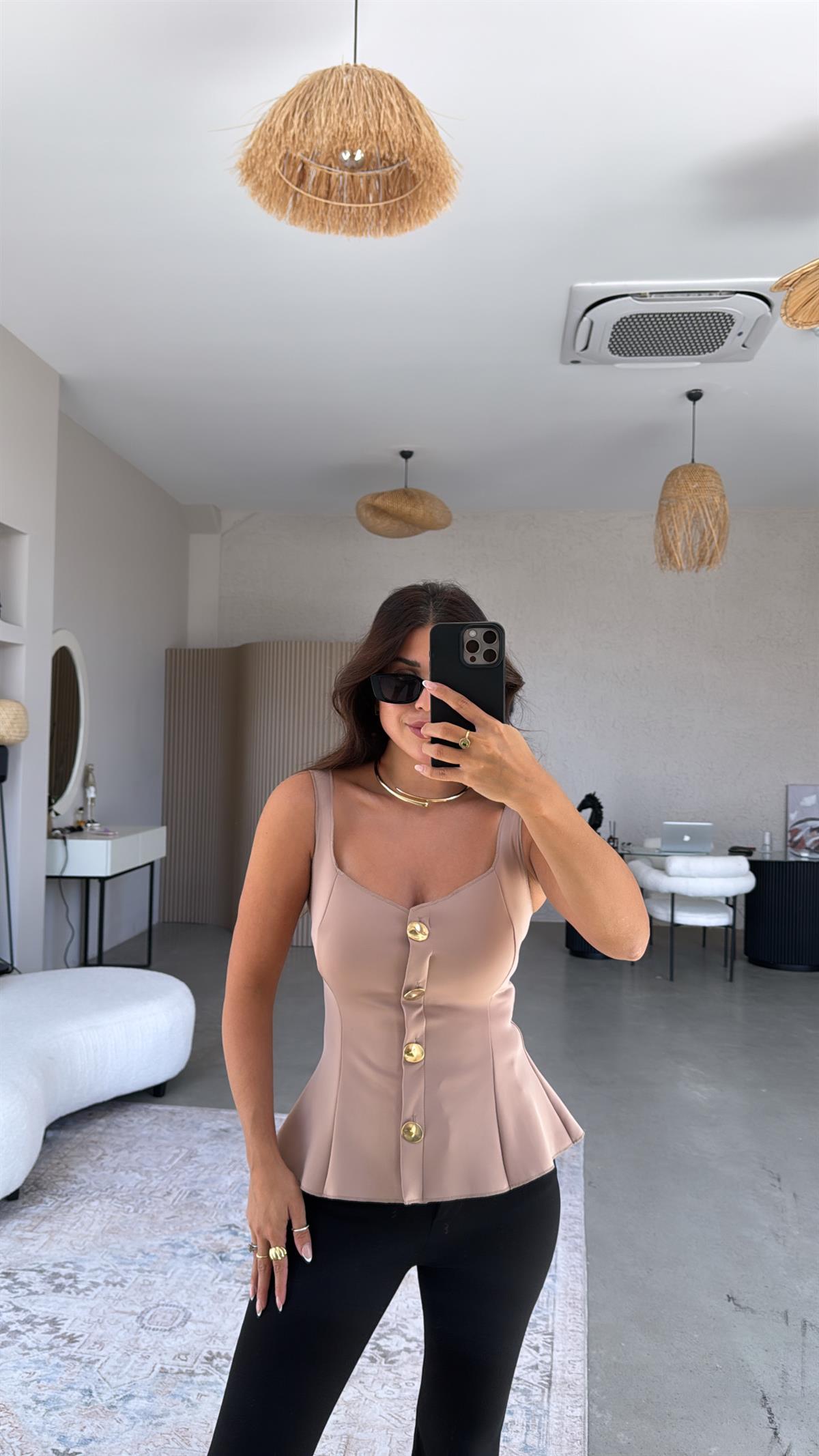 Camel Dalgıç Gold Detaylı Bel Oturan Bluz