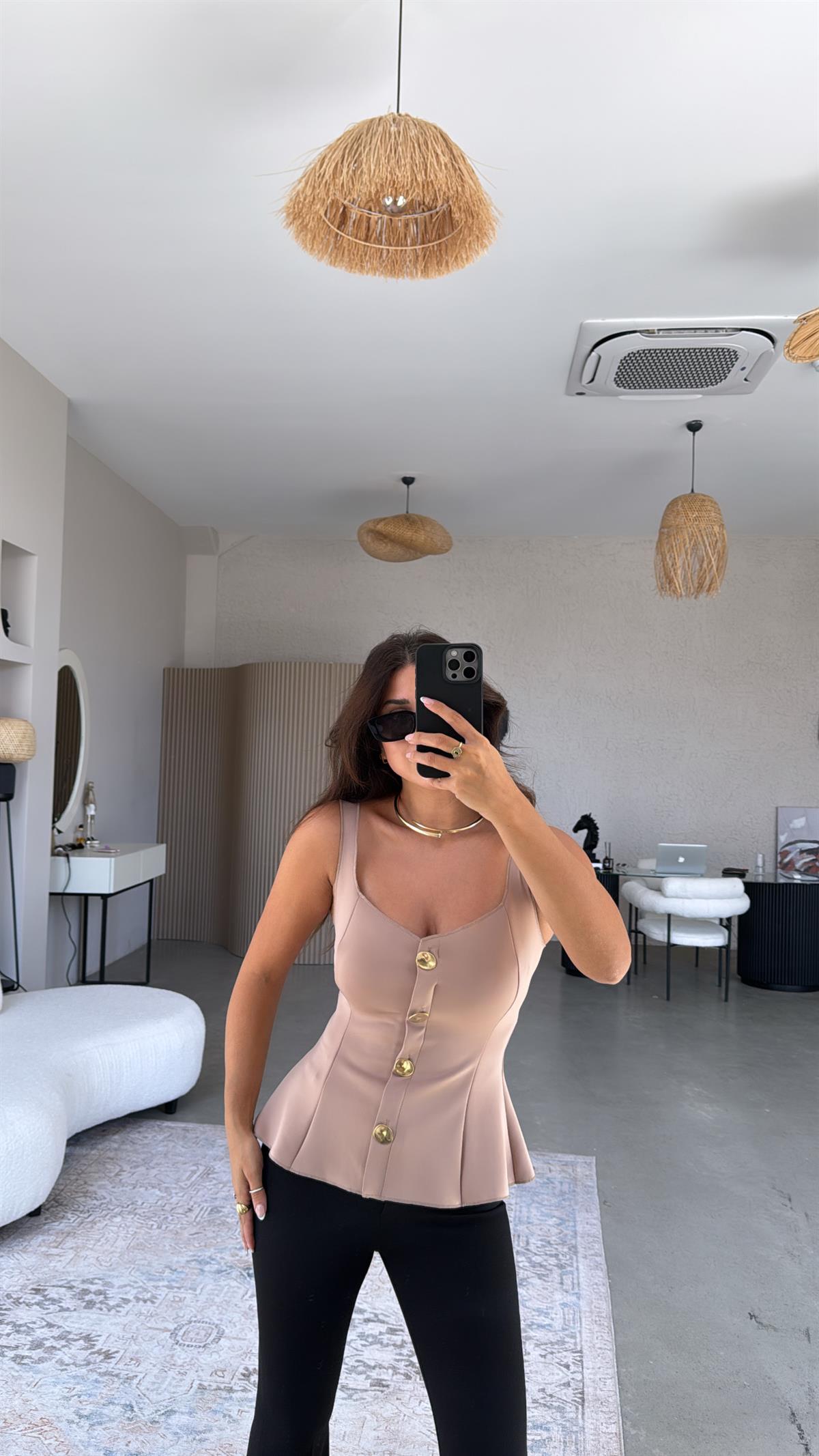 Camel Dalgıç Gold Detaylı Bel Oturan Bluz