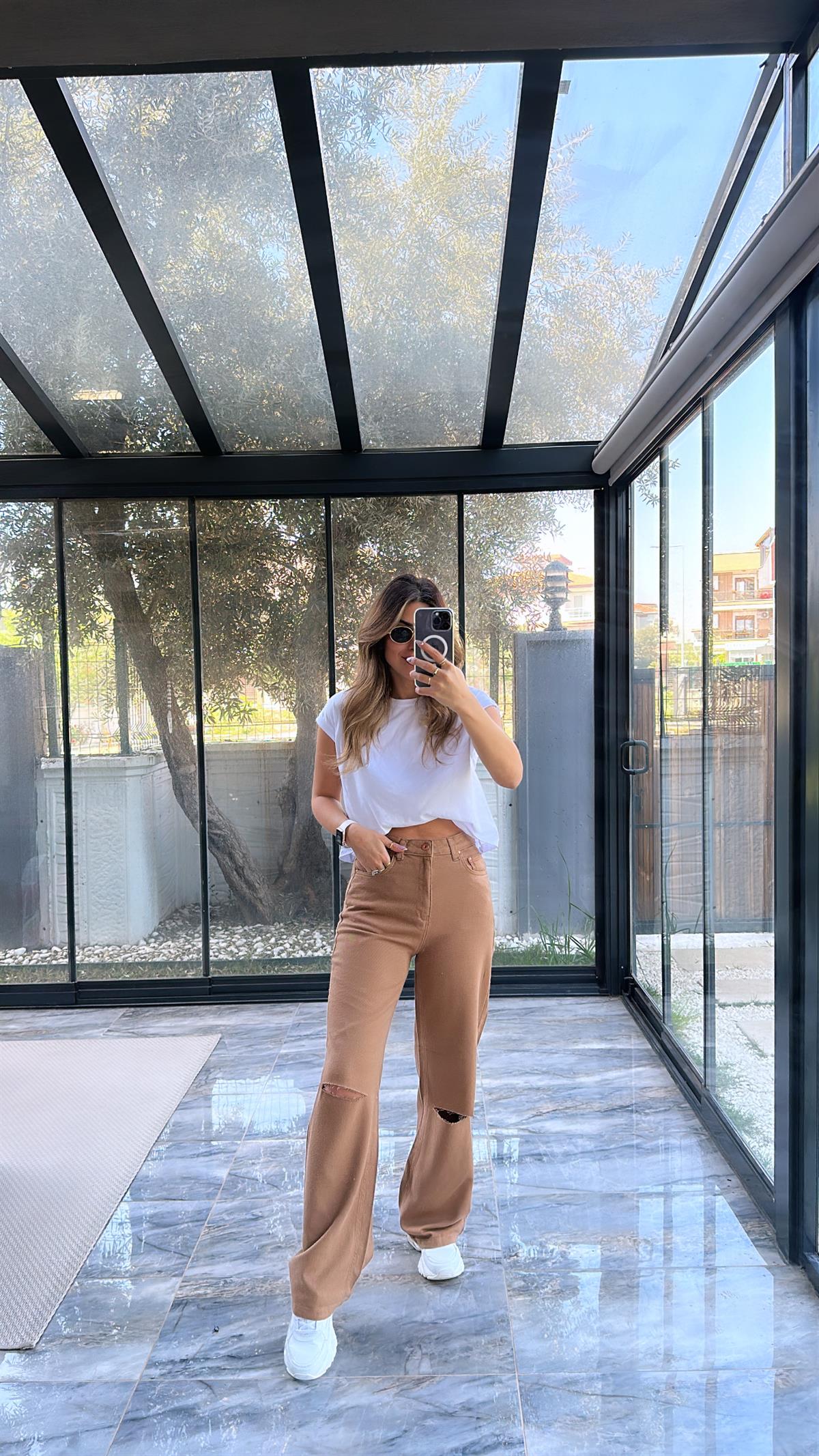 Camel Dizi Kesik Pamuklu Pantolon