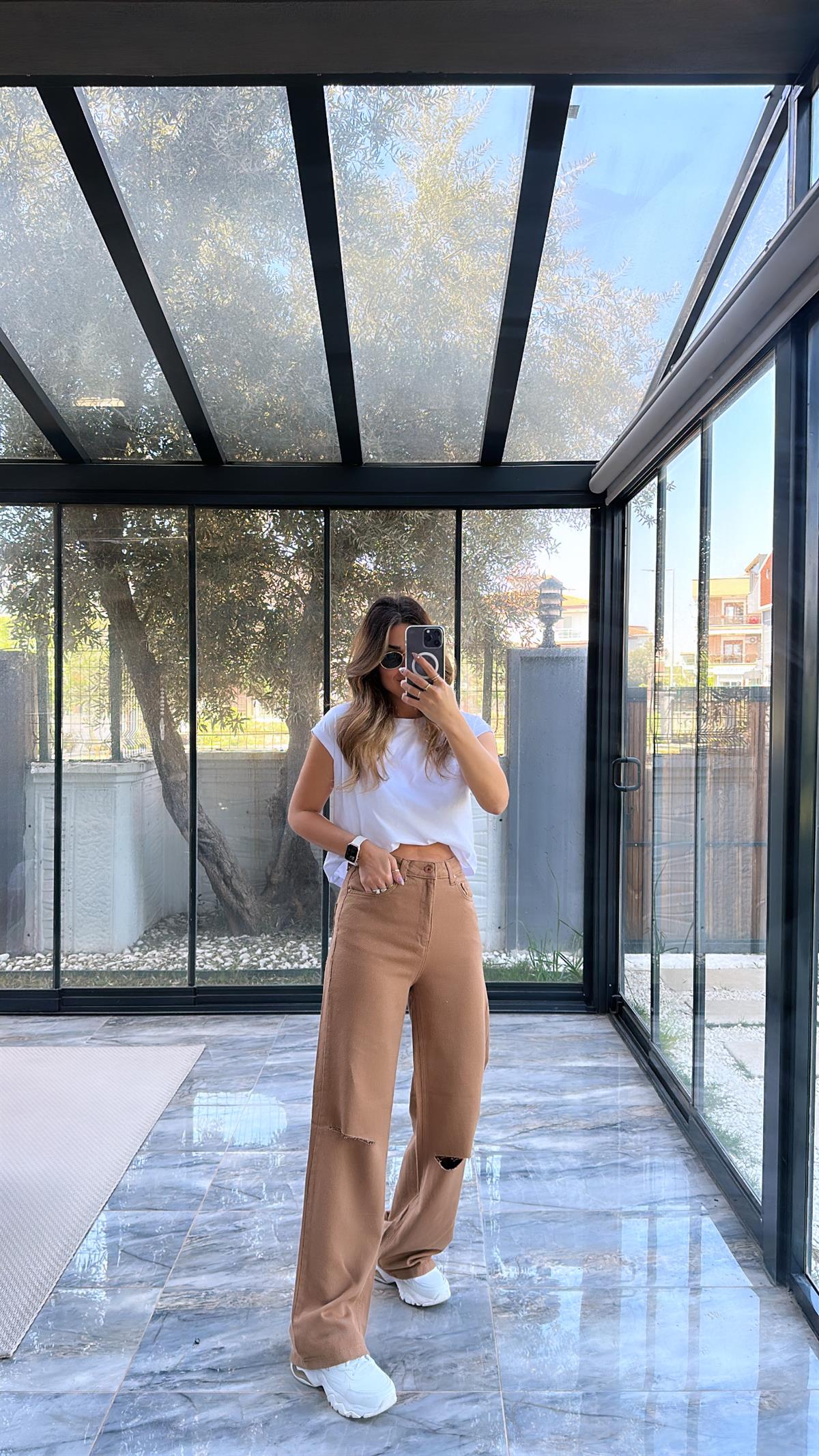 Camel Dizi Kesik Pamuklu Pantolon