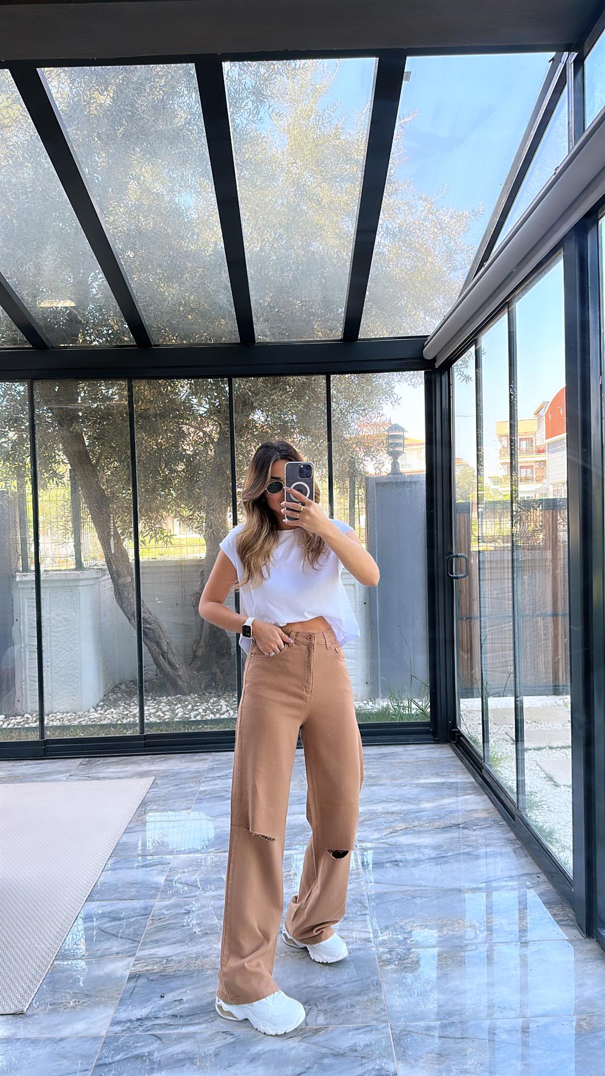 Camel Dizi Kesik Pamuklu Pantolon