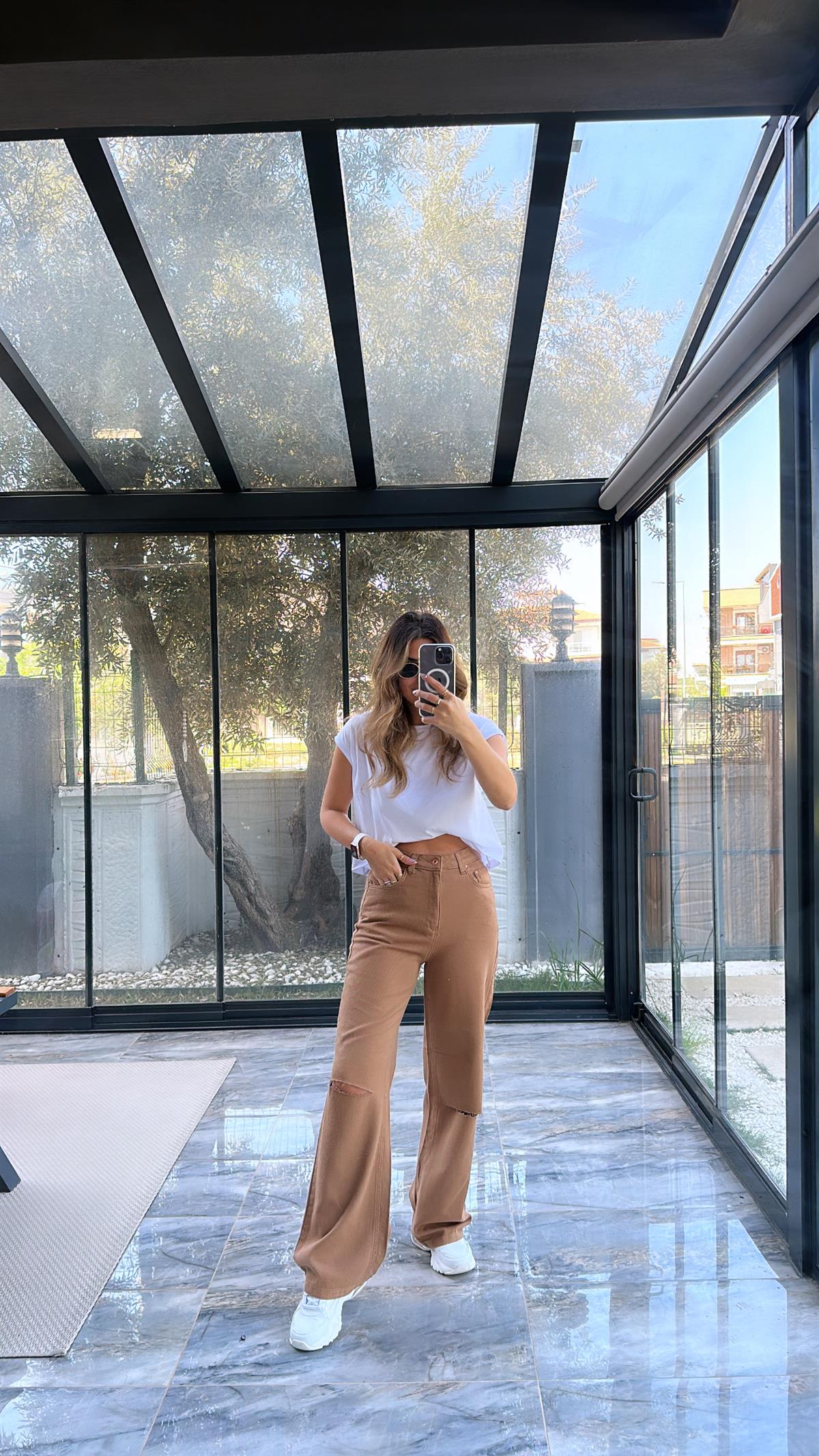 Camel Dizi Kesik Pamuklu Pantolon