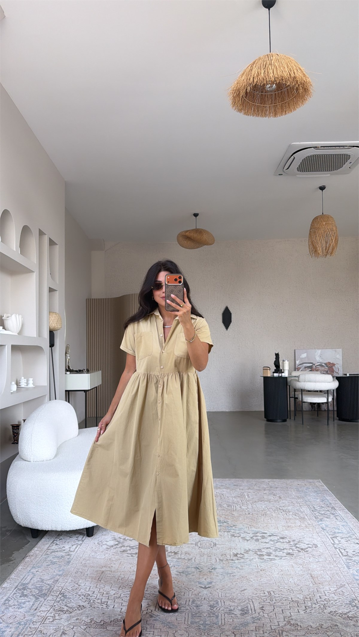 Camel Gabardin Kısa Kollu Gömlek Elbise