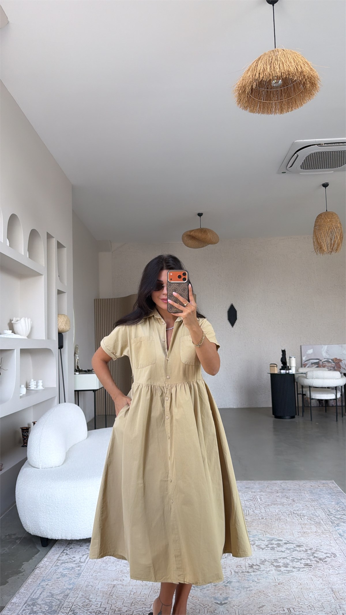 Camel Gabardin Kısa Kollu Gömlek Elbise