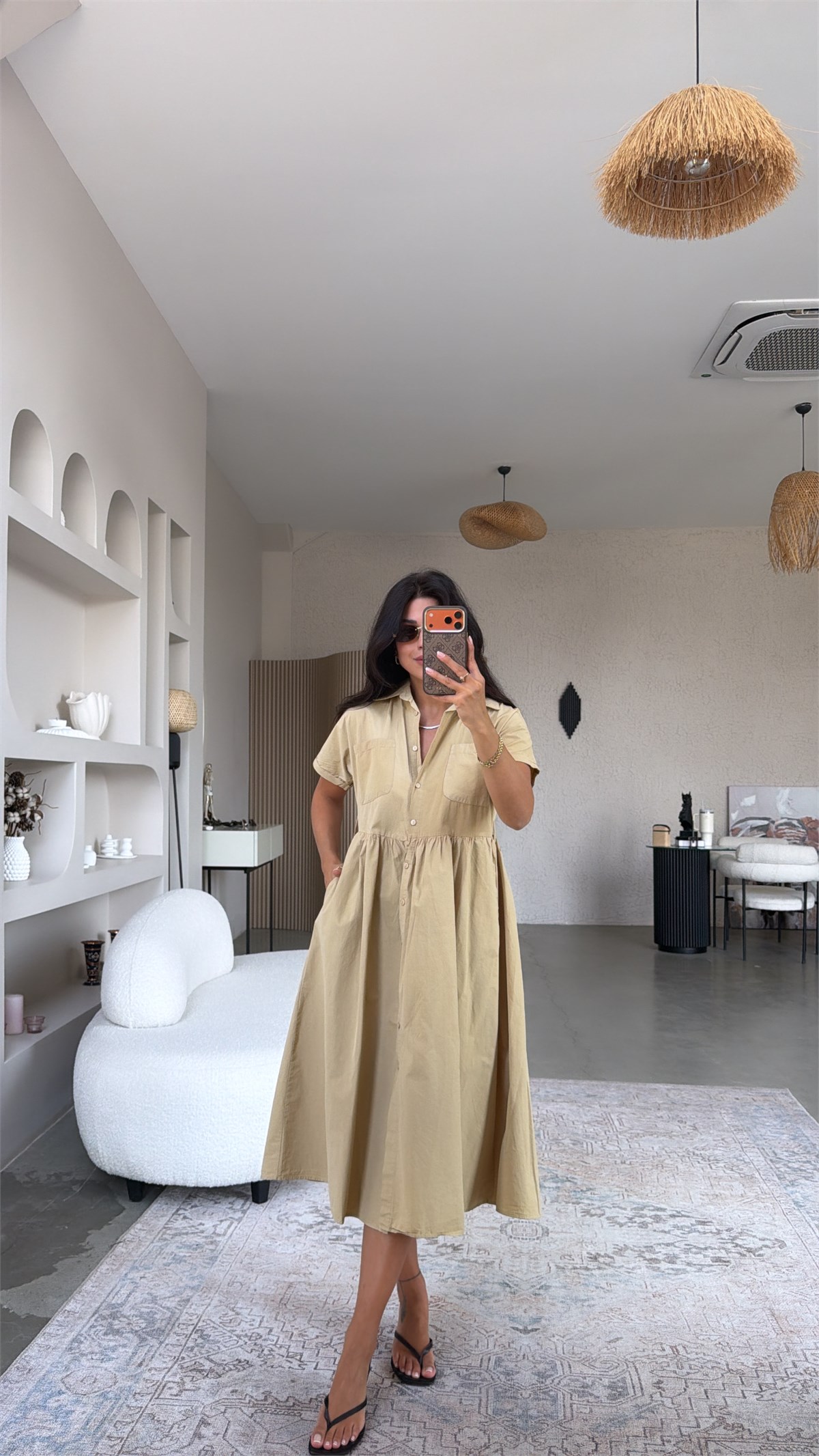 Camel Gabardin Kısa Kollu Gömlek Elbise