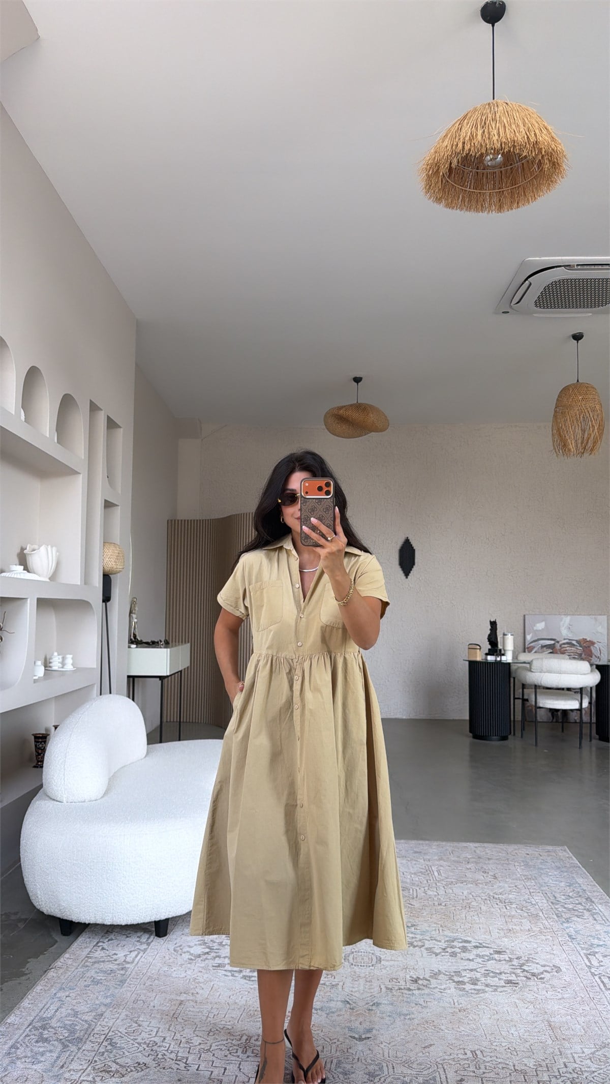 Camel Gabardin Kısa Kollu Gömlek Elbise