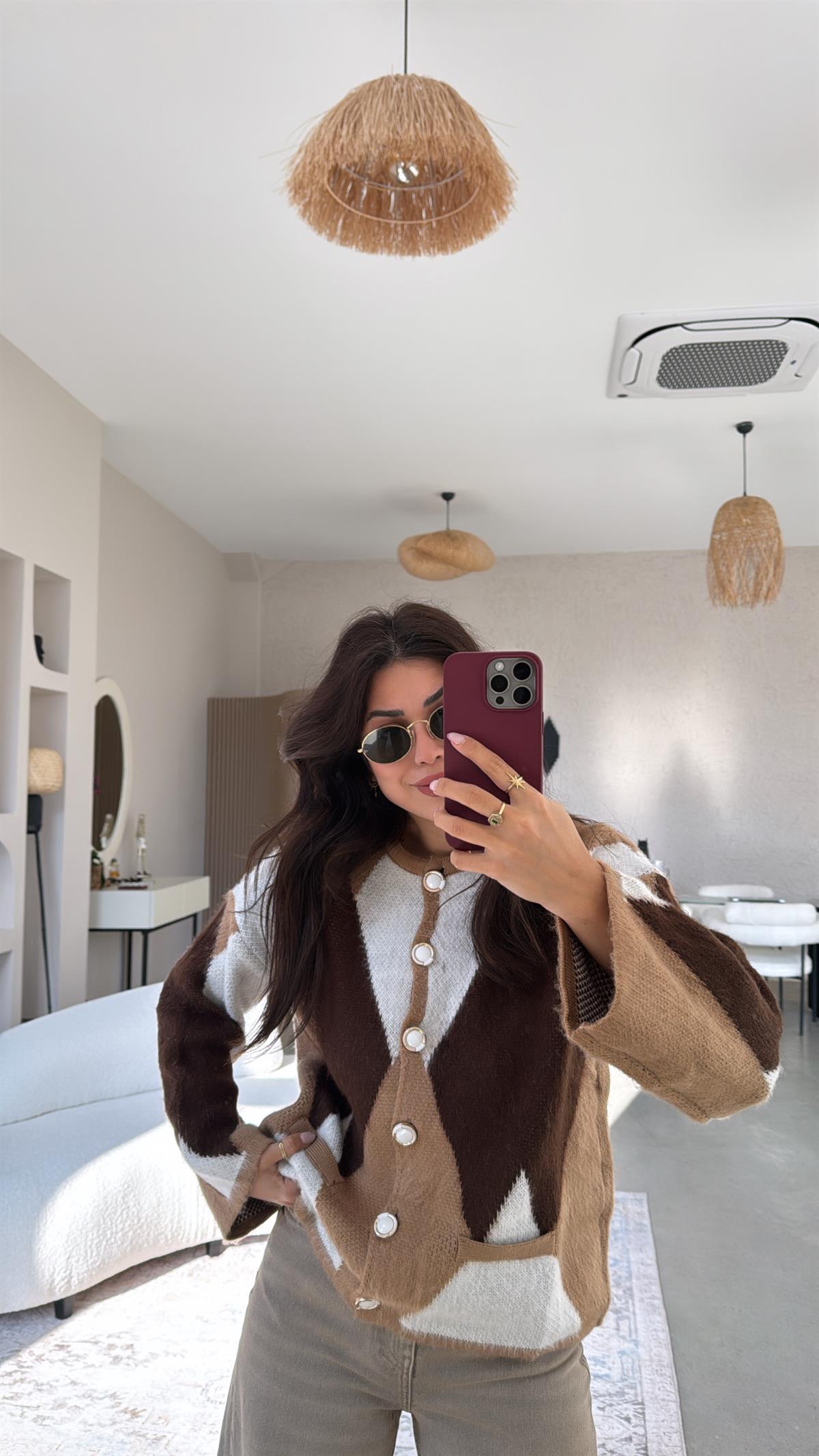 Camel Geometrik Desenli Hırka