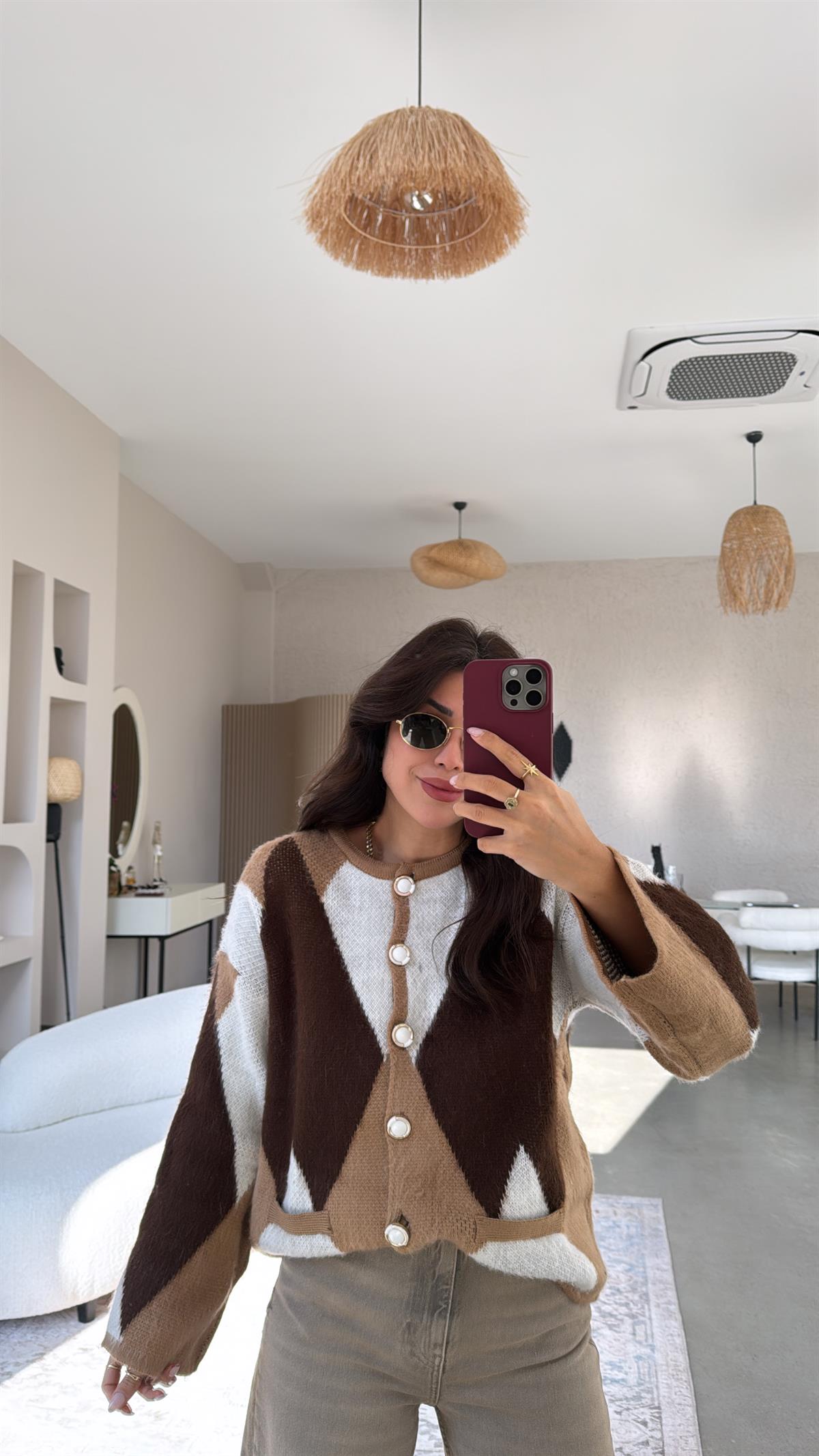 Camel Geometrik Desenli Hırka