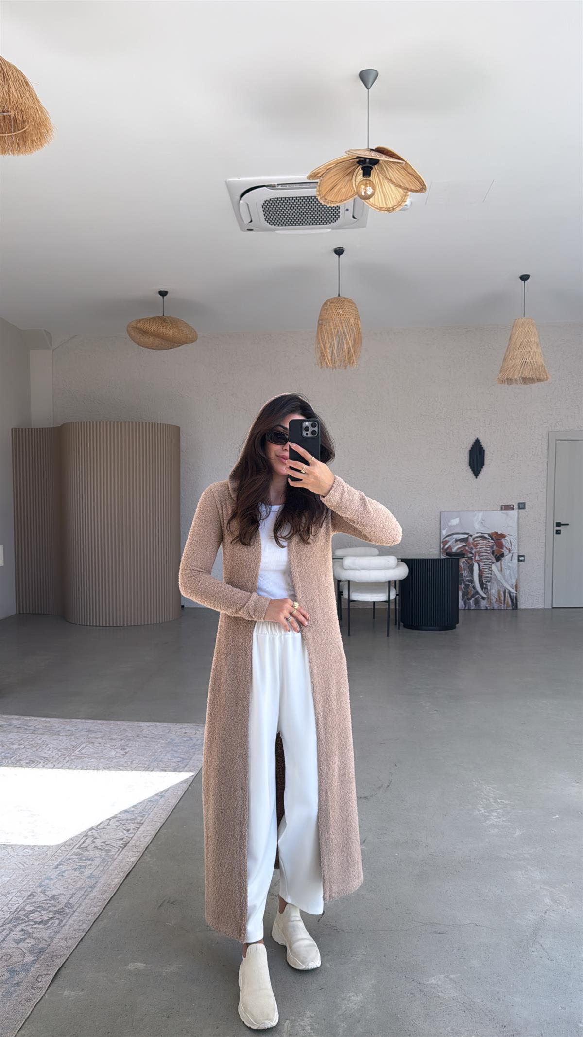 Camel Kapüşonlu Uzun Hırka