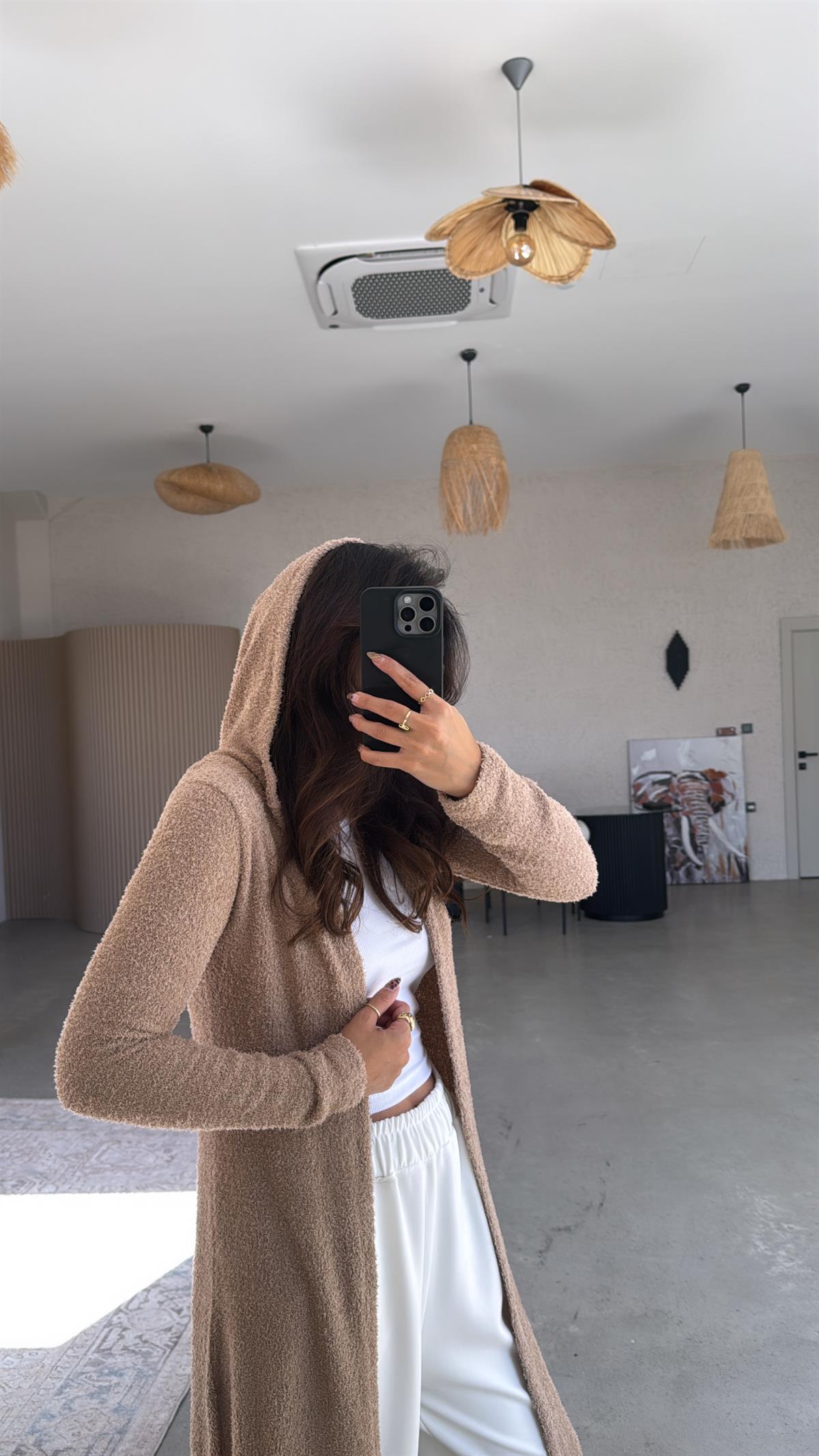 Camel Kapüşonlu Uzun Hırka