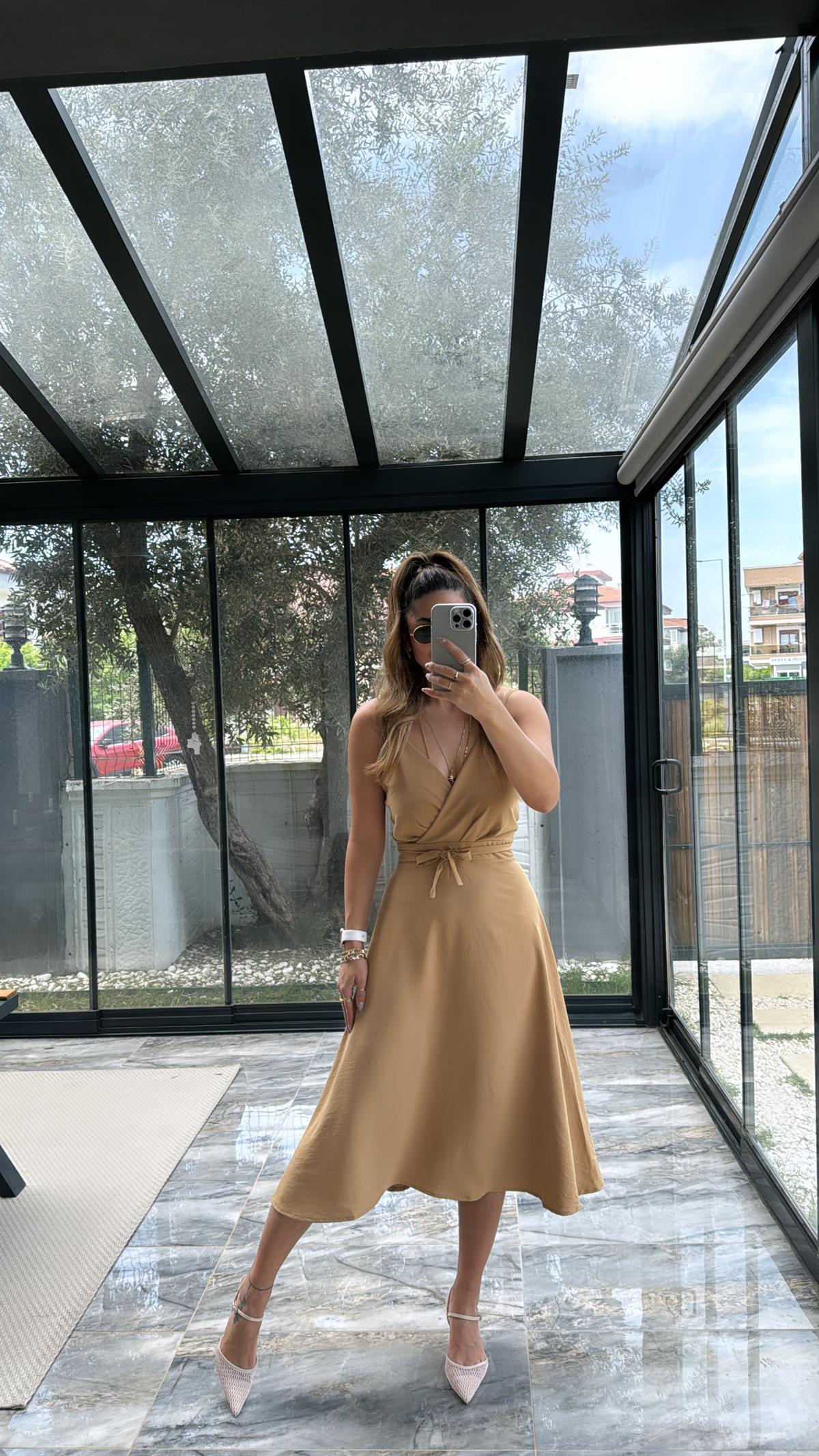 Camel Kruvaze Yaka Kiloş Premium Elbise