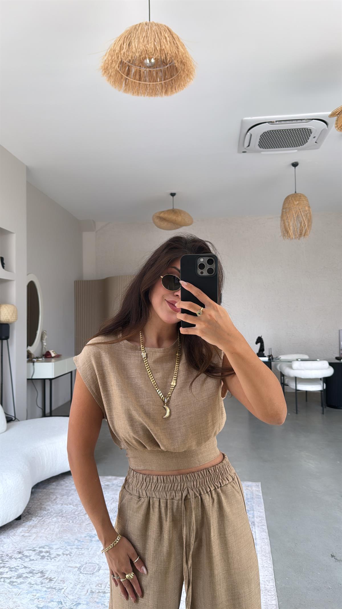 Camel Kuşak Detaylı Pantolon Bluz Takım