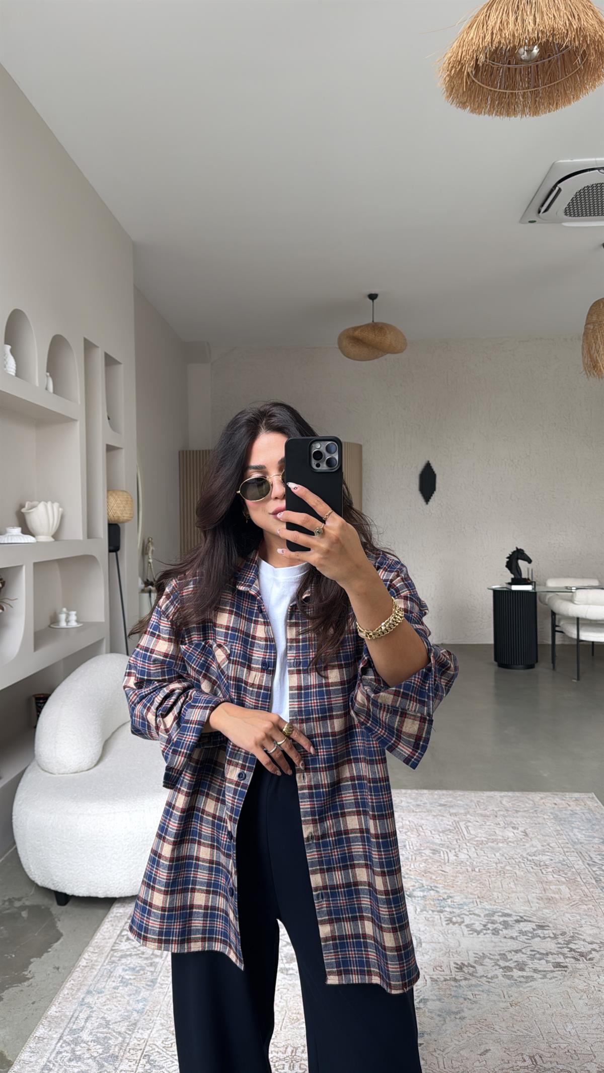 Camel Lacivert Ekose Pamuklu Gömlek