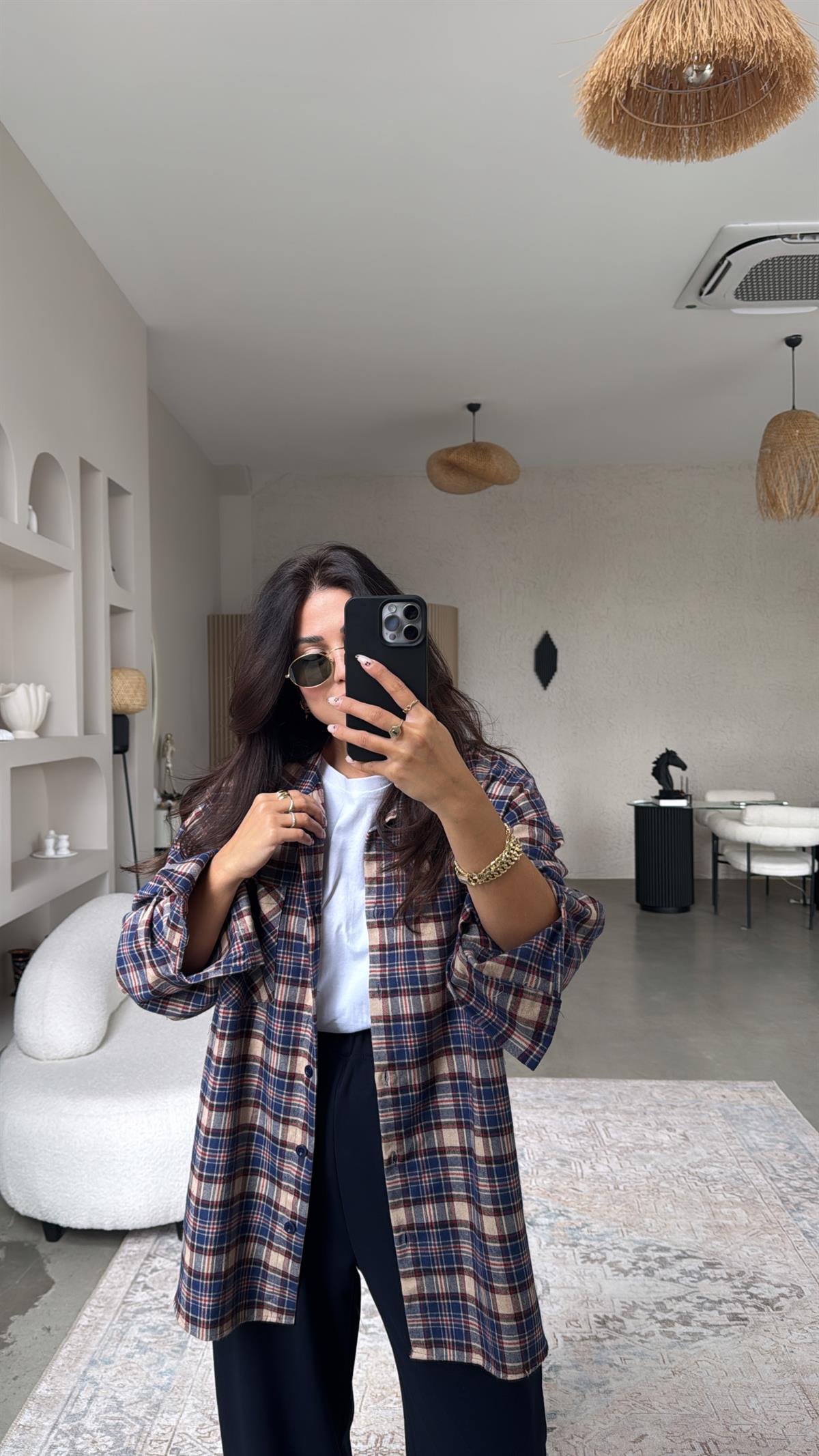 Camel Lacivert Ekose Pamuklu Gömlek