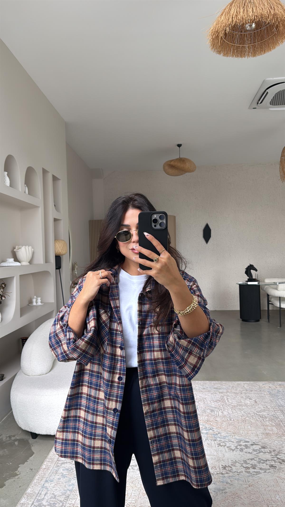 Camel Lacivert Ekose Pamuklu Gömlek