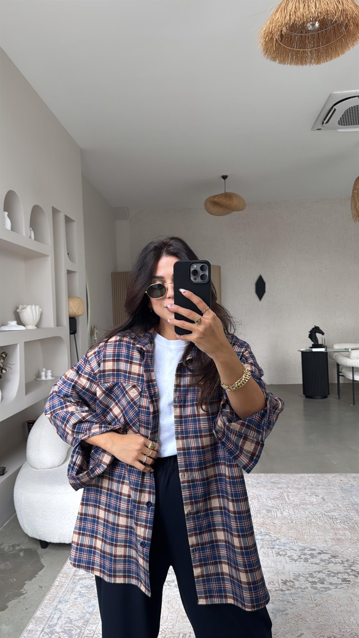 Camel Lacivert Ekose Pamuklu Gömlek