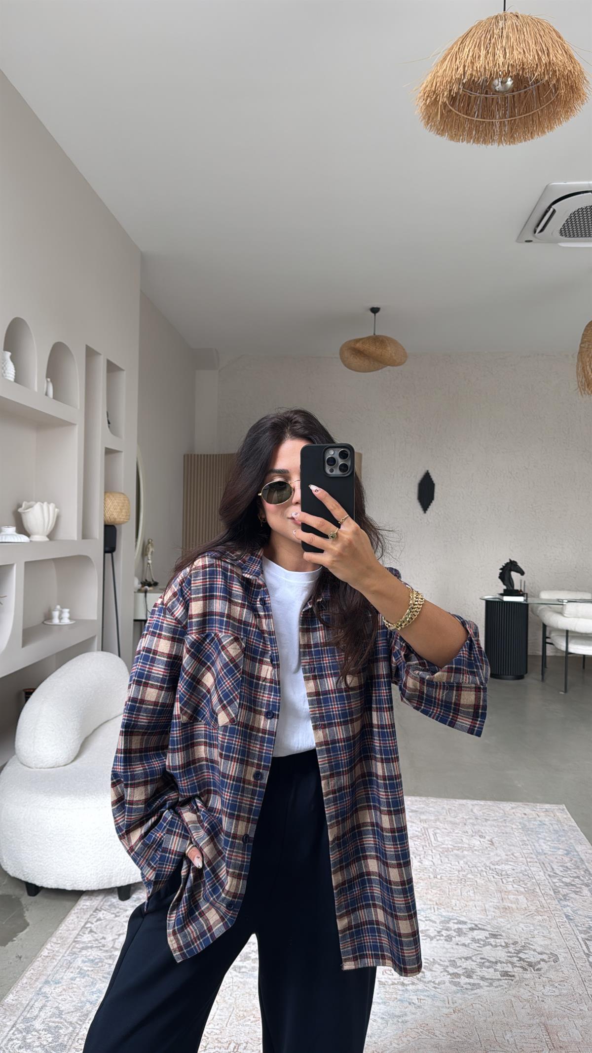 Camel Lacivert Ekose Pamuklu Gömlek