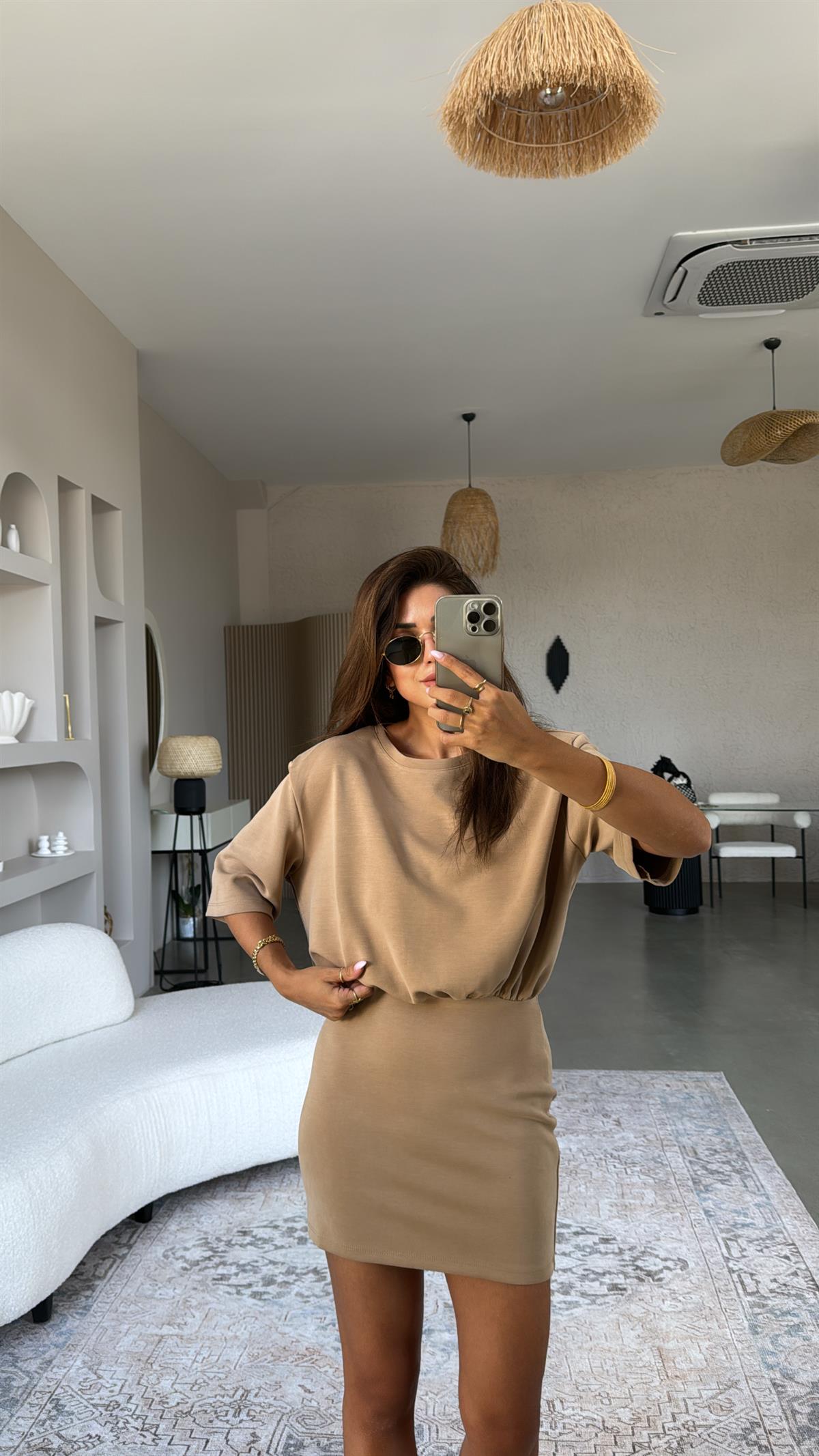 Camel Omzu Vatkalı Modal Elbise