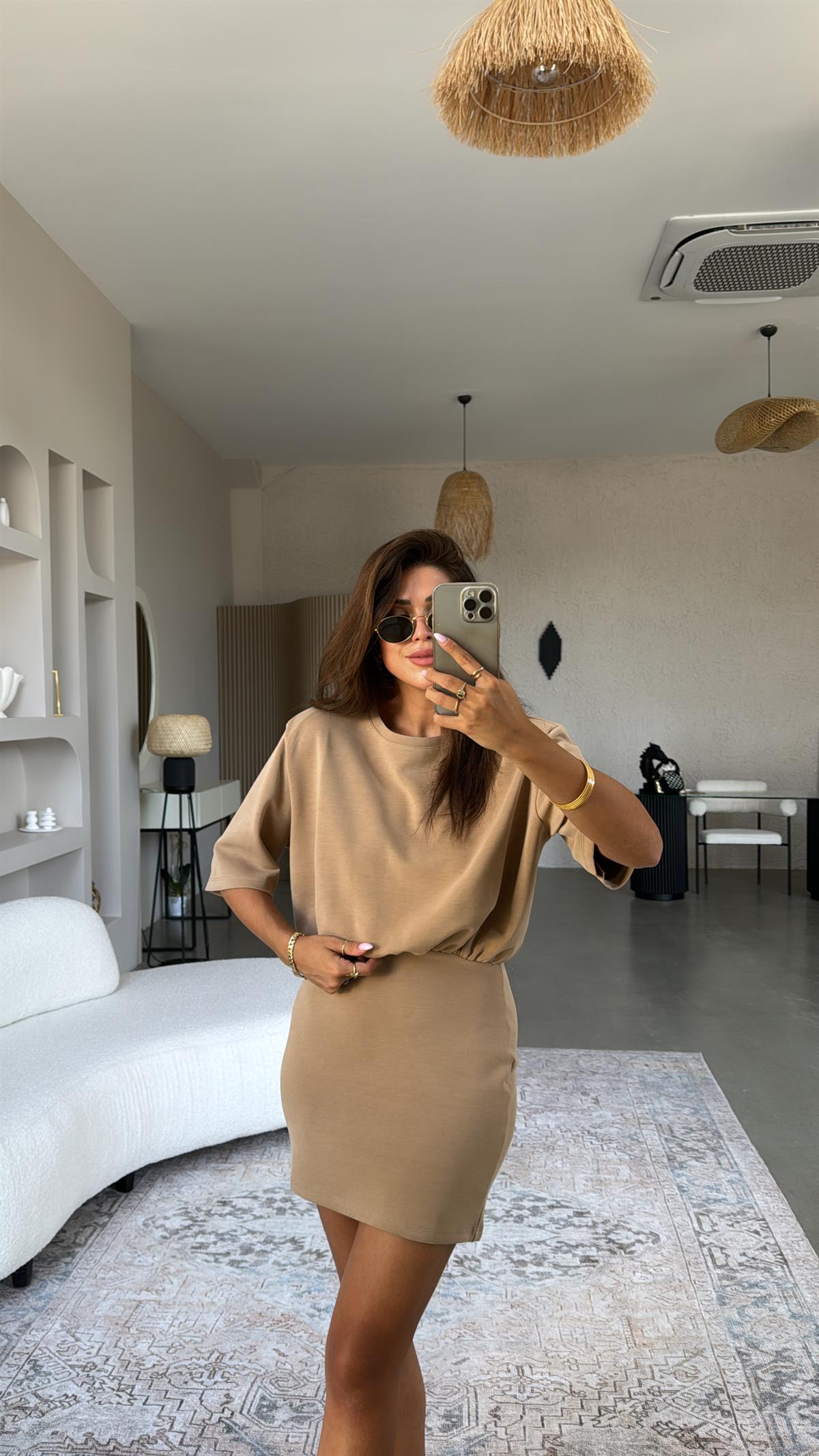 Camel Omzu Vatkalı Modal Elbise