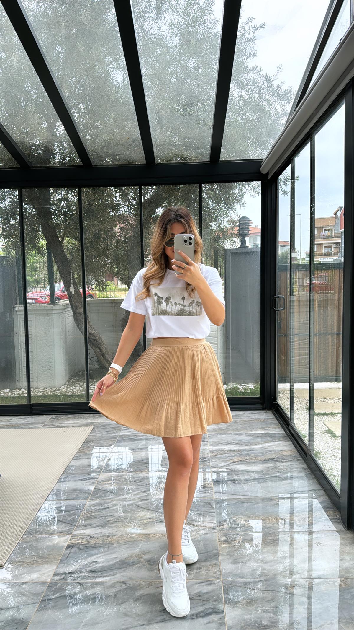 Camel Piliseli Şortlu Etek
