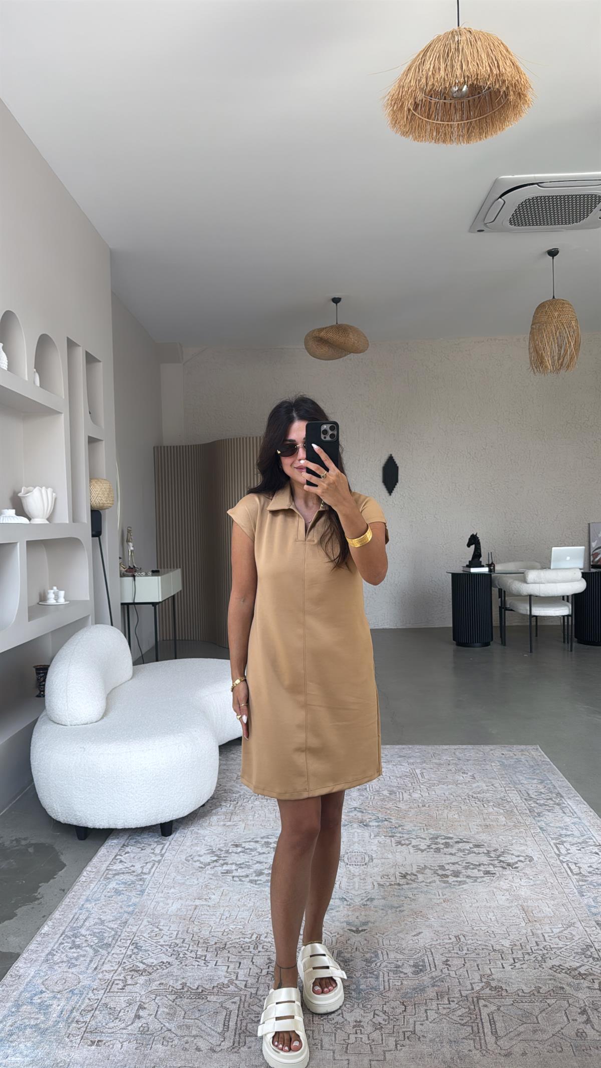 Camel Polo Yaka Çımalı Elbise